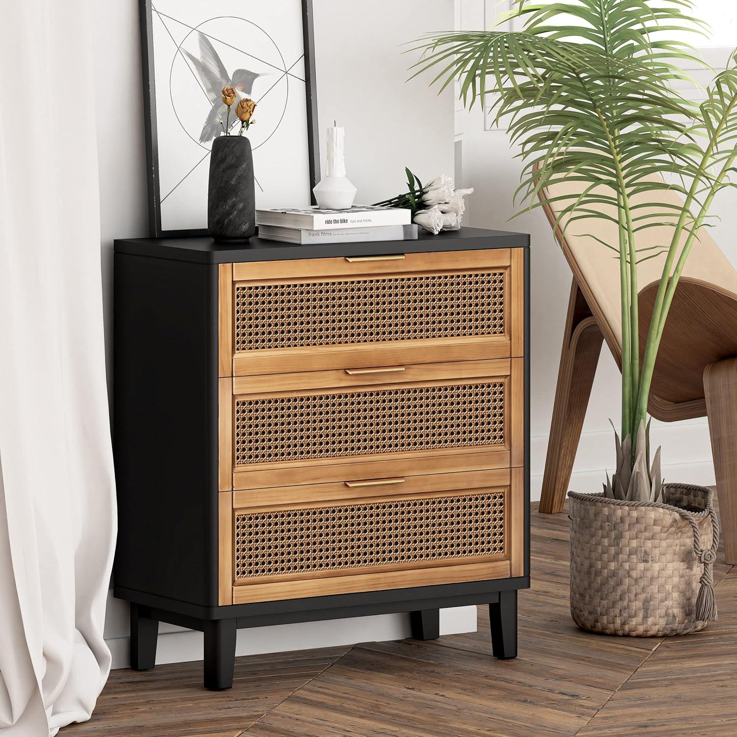 Black and Natural Cane 3-Drawer Nightstand with Brass Pulls