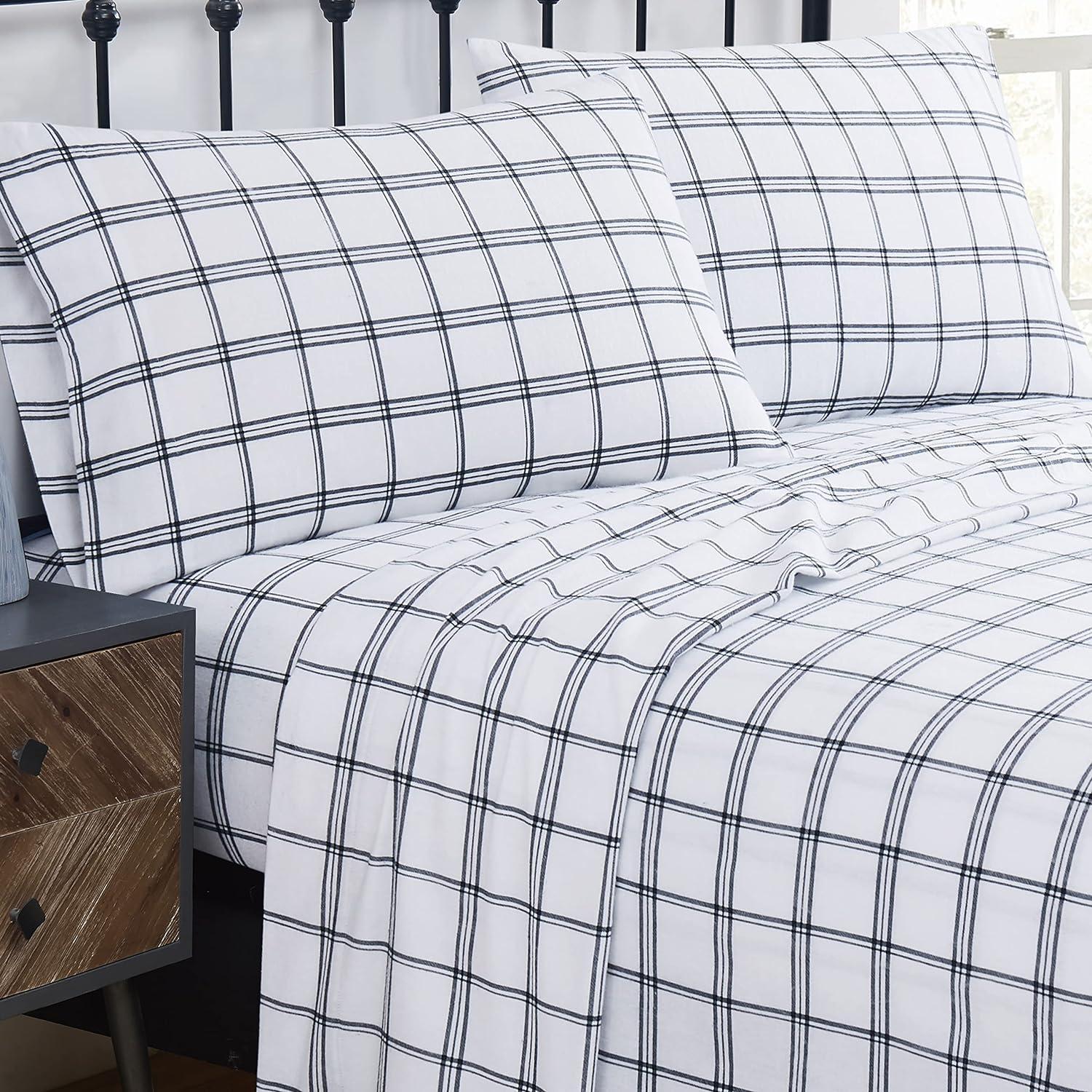 King White and Black Cotton Flannel Plaid Sheet Set