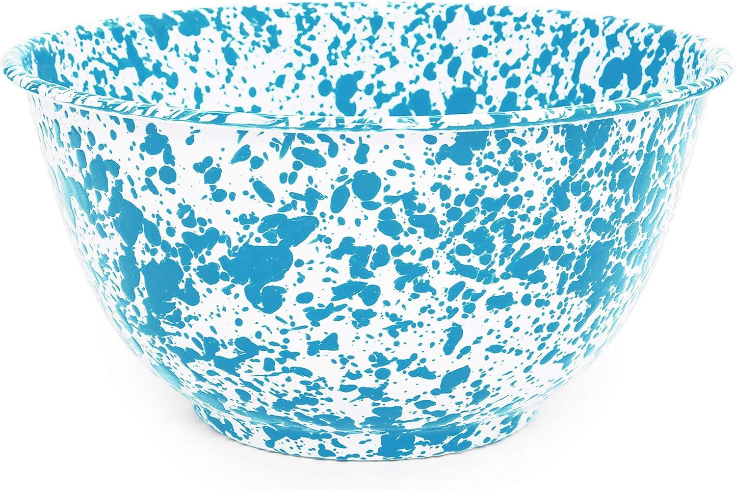 Turquoise and White Splatter Enamel Large Salad Bowl, 10.75" Diameter