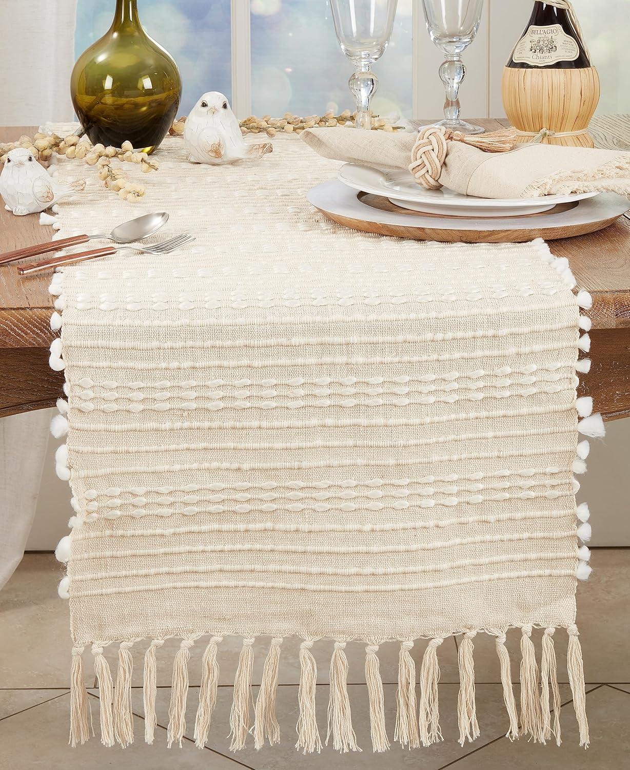 Saro Lifestyle Woven Wonder Stripe Table Runner, 16"x72", Beige