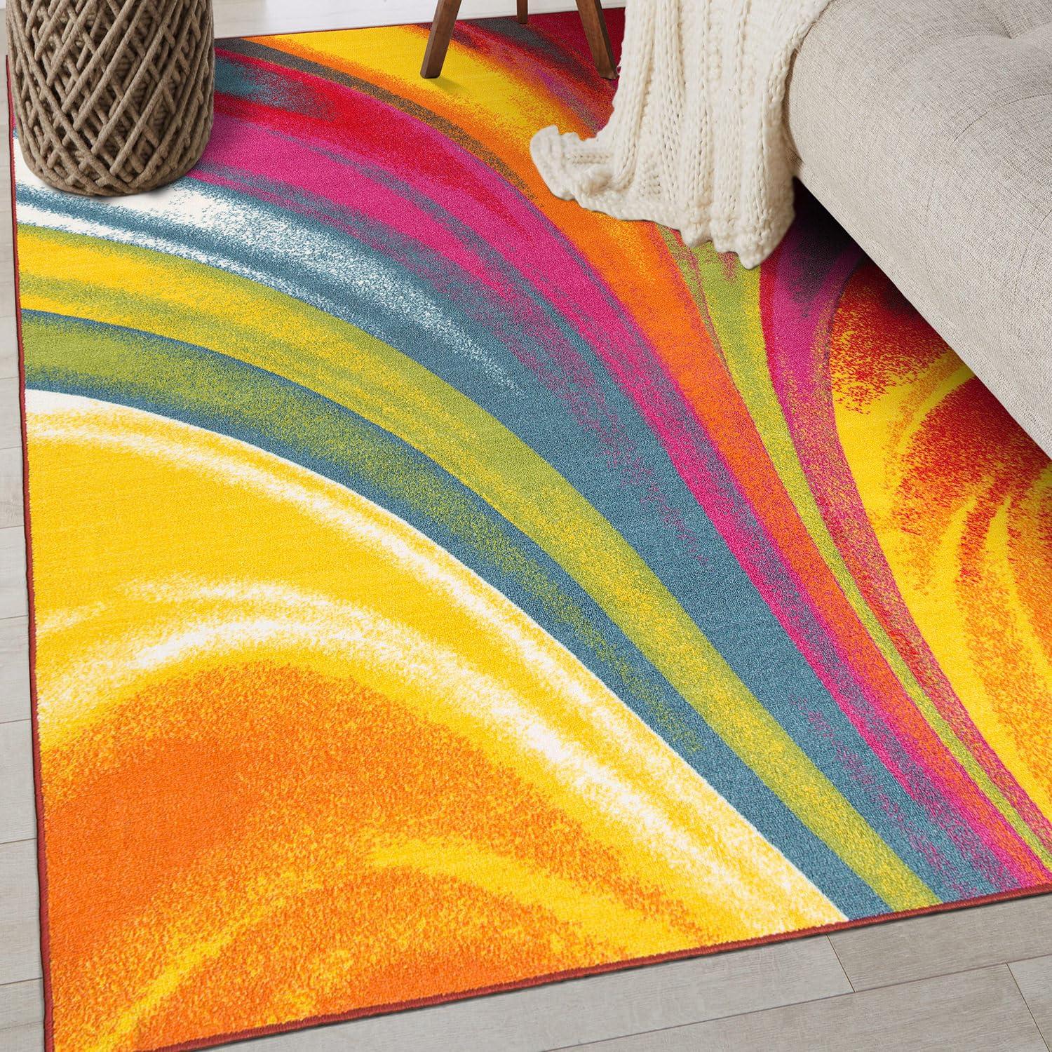 World Rug Gallery Modern Contemporary Waves Multicolored Non-slip (Non-skid) Area Rug - Multi 3'3" x 5'