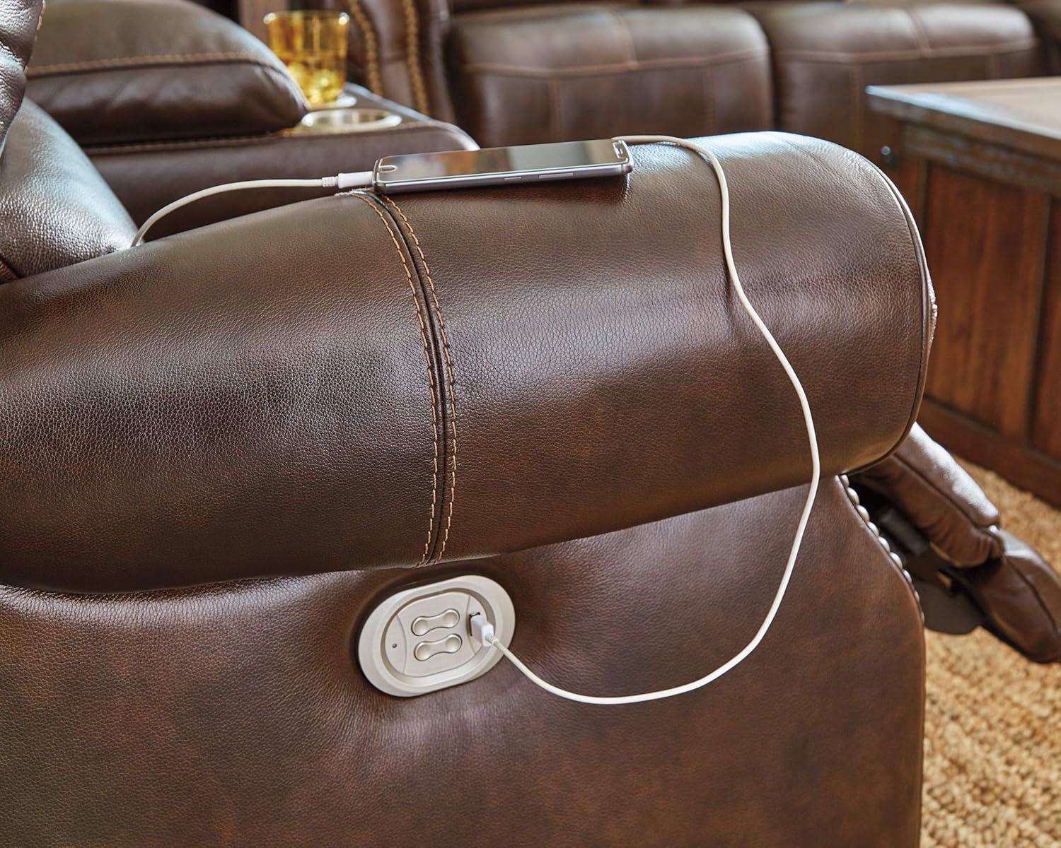Traditional Brown Leather Power Recliner with Nailhead Trim