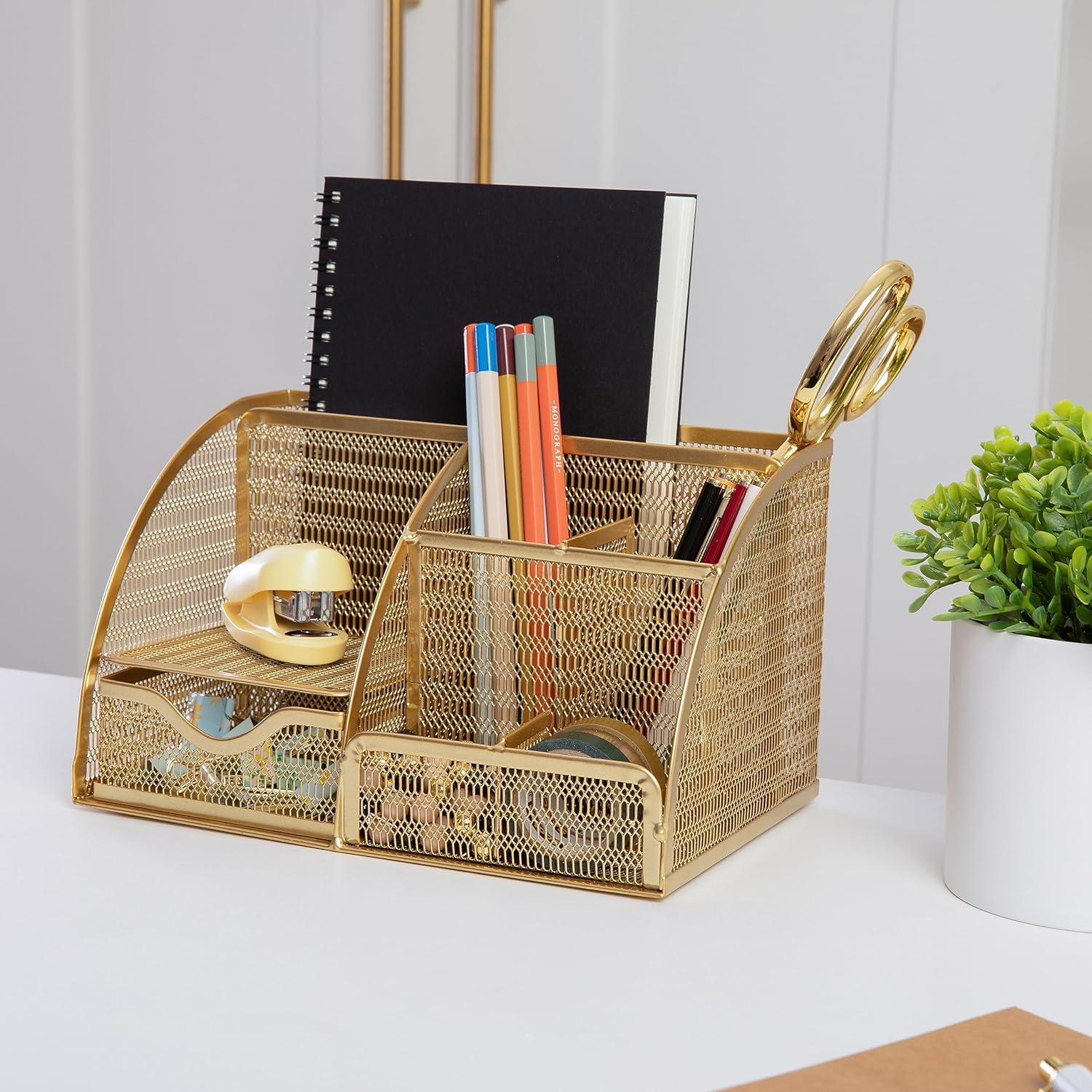 Martha Stewart Ryder Gold Mesh Metal Small Desktop Organizer for Office Accessories, Notebooks, Pen Holder and Drawer