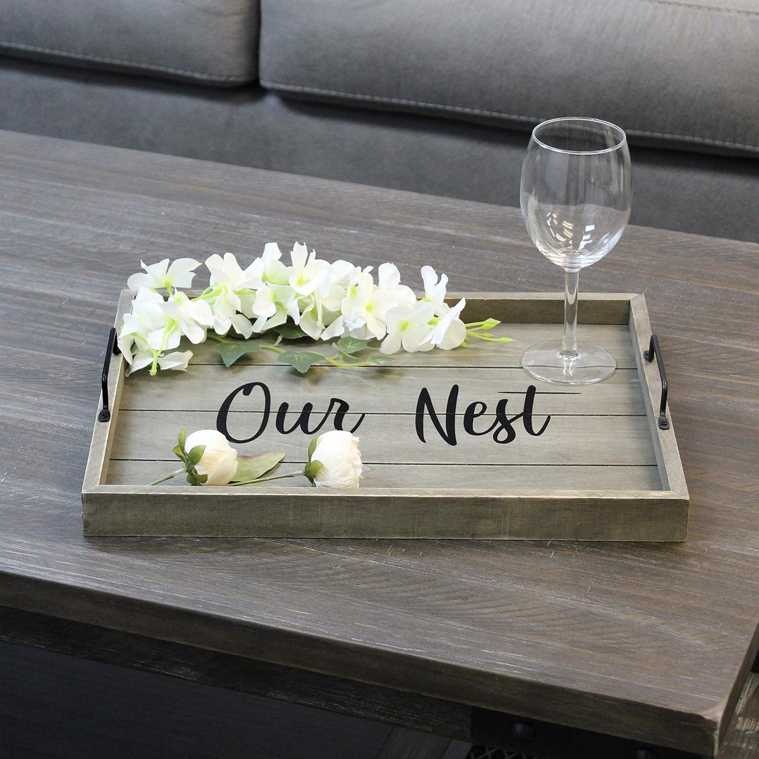 Elegant Designs 15.5" x 12" Decorative Wood Serving Tray, "Our Nest", Rustic Gray