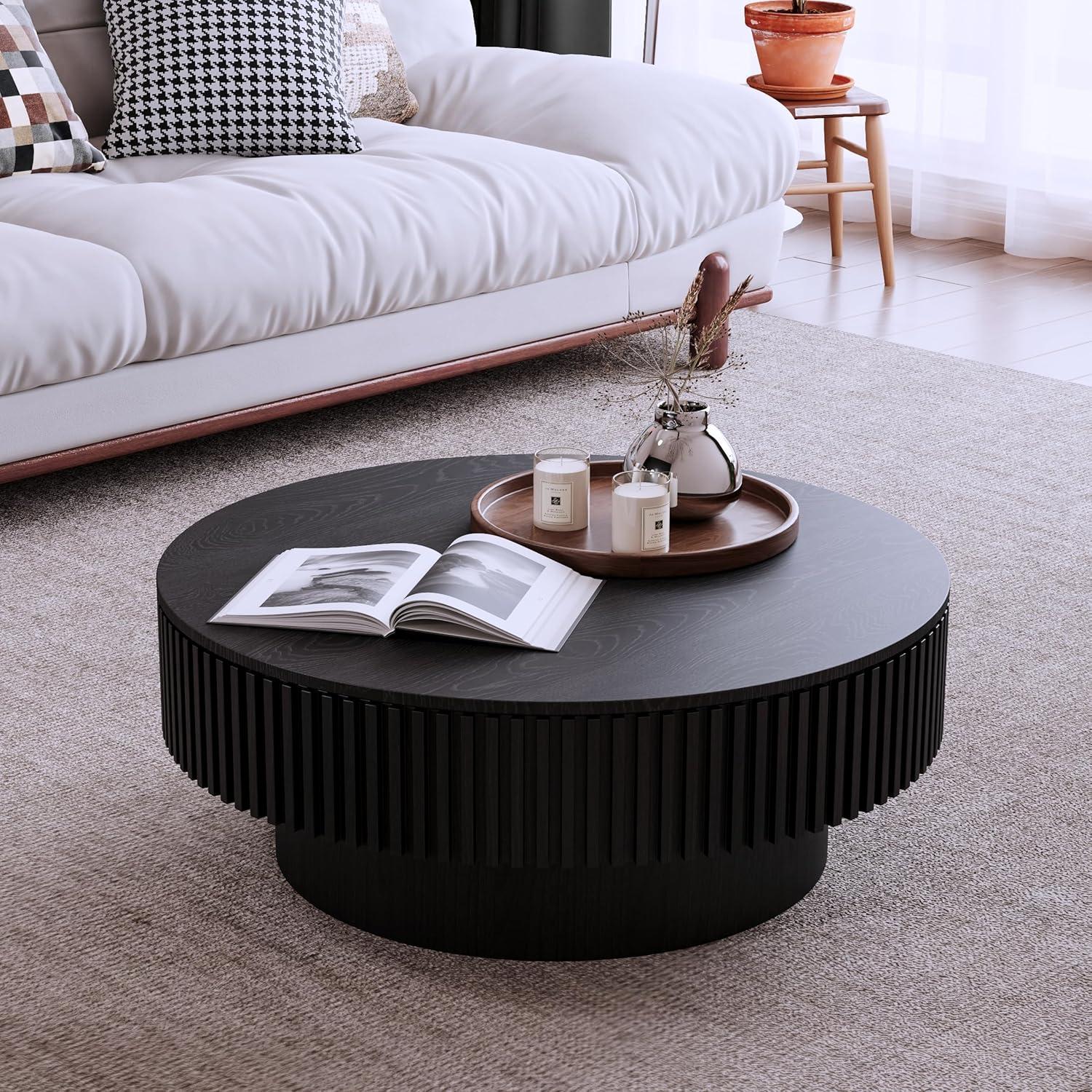 Round Coffee Table with Storage, Modern Wooden Coffee Table with Solid Wood Veneered, 31.5" Small Circle Center Table,Tea Table for Living Room,Home Small Space,Black