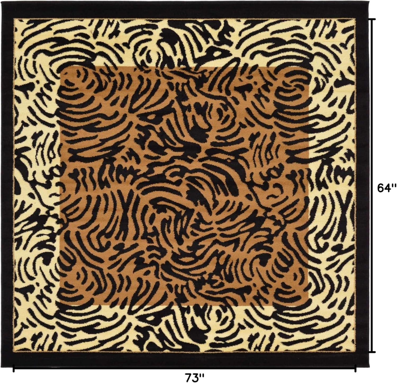 6' Square Light Brown and Black Animal Print Rug