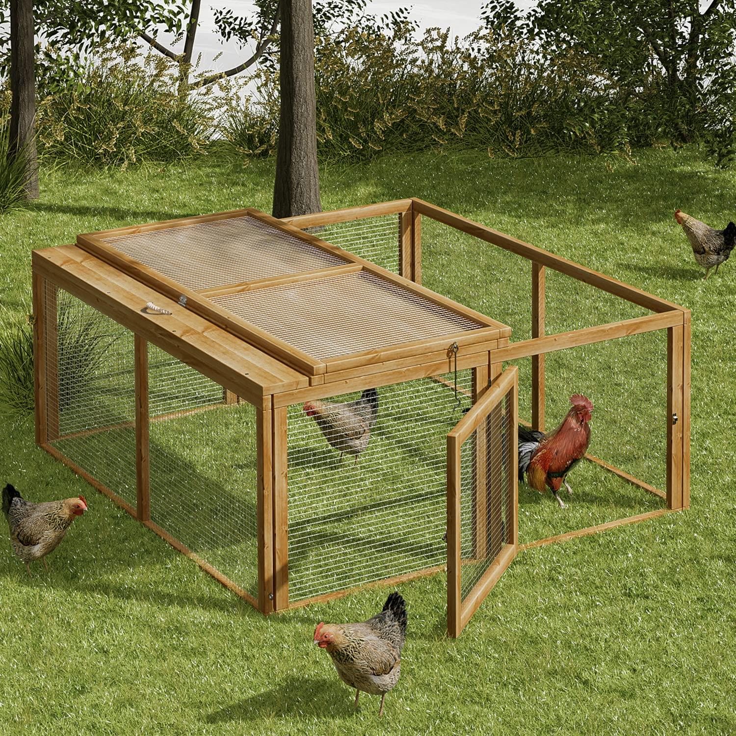 MoNiBloom 45.5" Wooden Chicken Coop Rabbit Hutch, Fir Wood Pet Cage Small Animal Poultry Cage Run with 2 Access Areas, Foldable Pet House Outdoor Large Hen House (Natural)