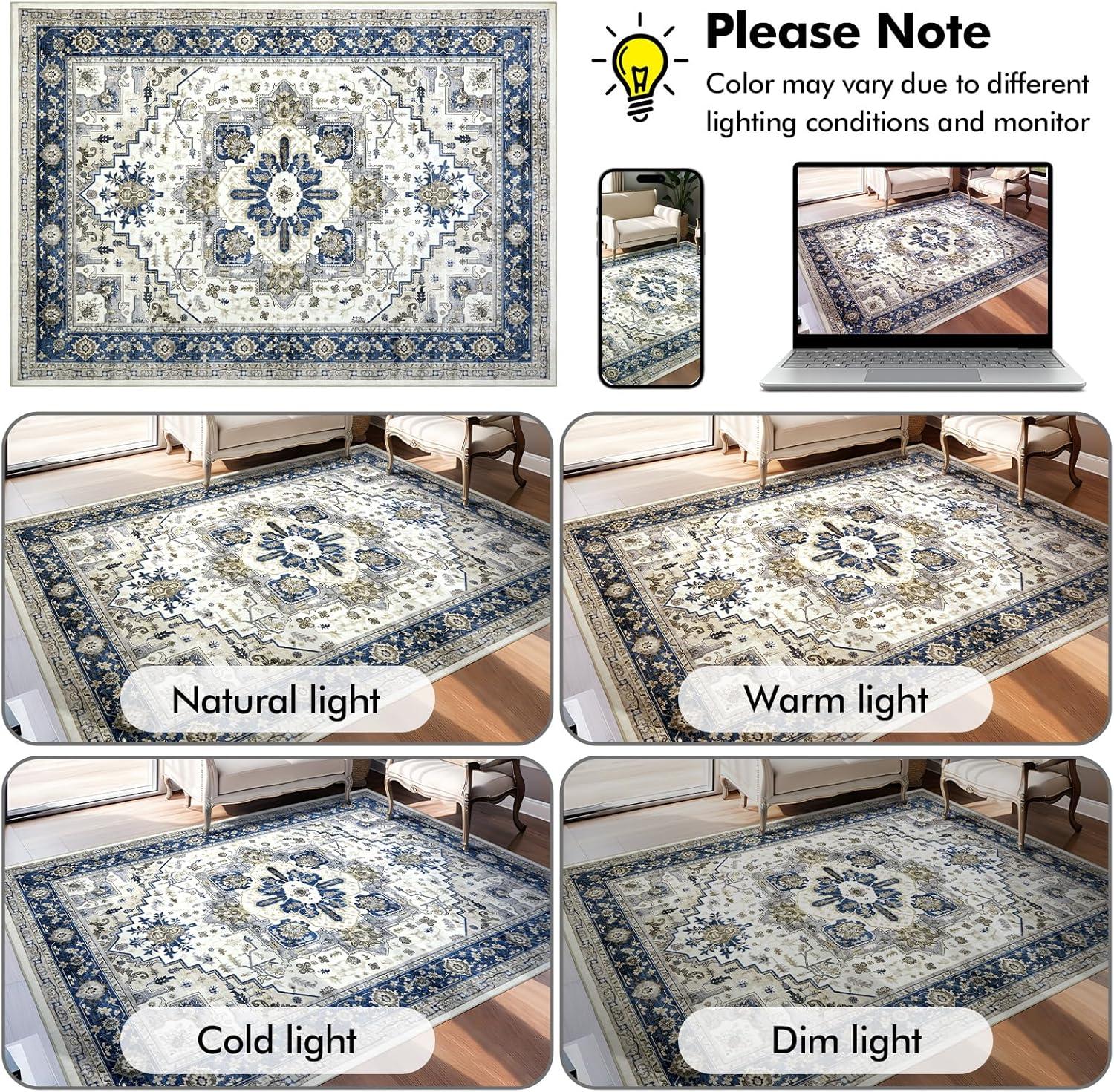 GlowSol 8'x10' Area Rug Vintage Floral Medallion Rugs for Living Room Oriental Bedroom Rug Non-Shedding Stain-Resistant Rug Soft Foldable Rug, Blue