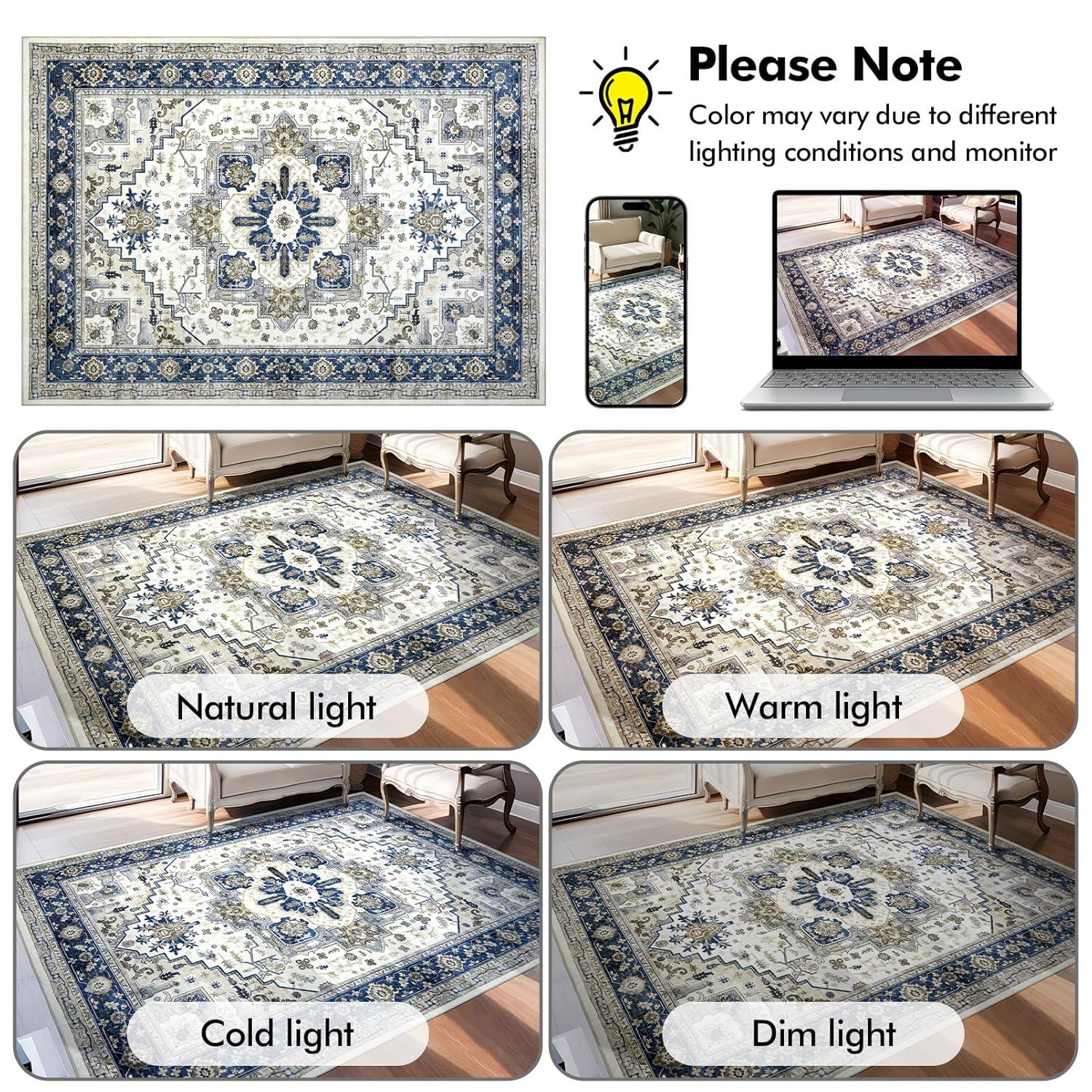 GlowSol 8'x10' Area Rug Vintage Floral Medallion Rugs for Living Room Oriental Bedroom Rug Non-Shedding Stain-Resistant Rug Soft Foldable Rug, Blue
