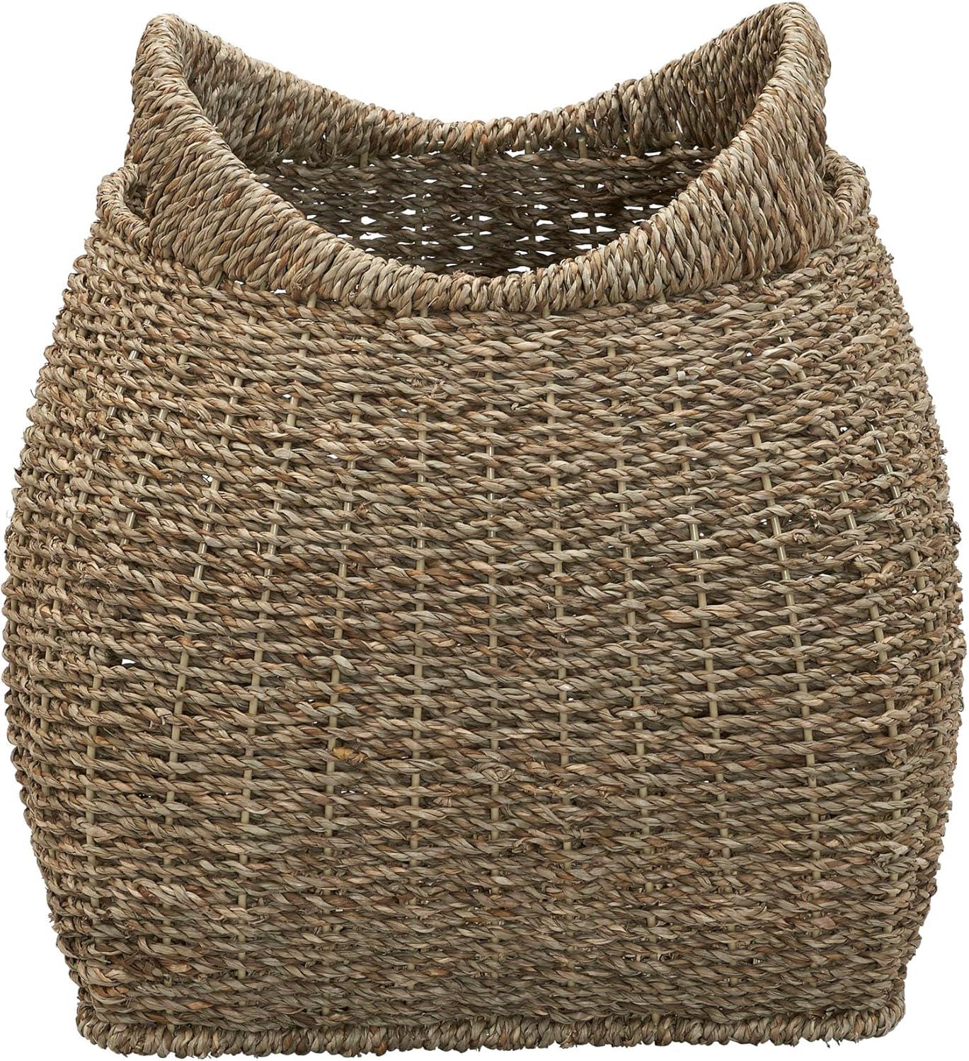 Household Essentials Basket with Handles Seagrass: Handwoven Round Storage, Brown Decorative Wicker, 14" Height