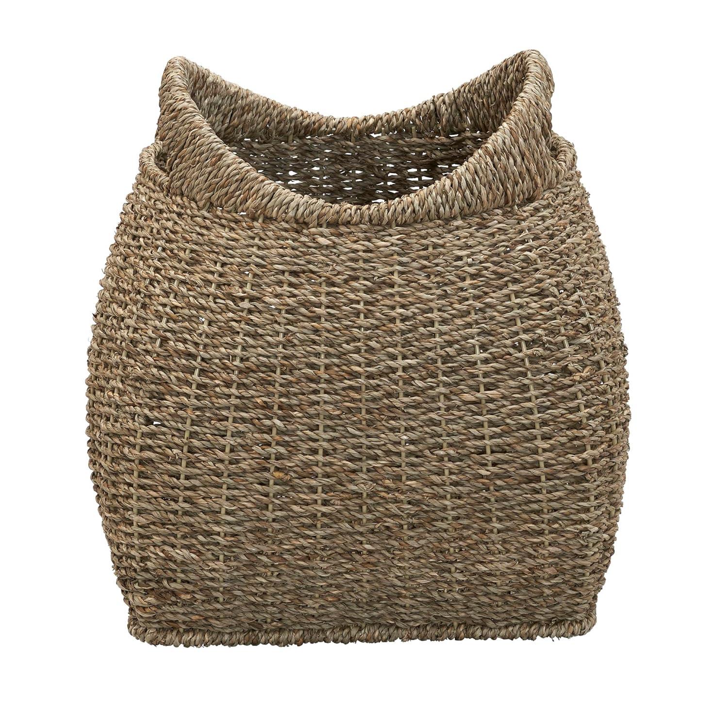 Household Essentials Basket with Handles Seagrass: Handwoven Round Storage, Brown Decorative Wicker, 14" Height