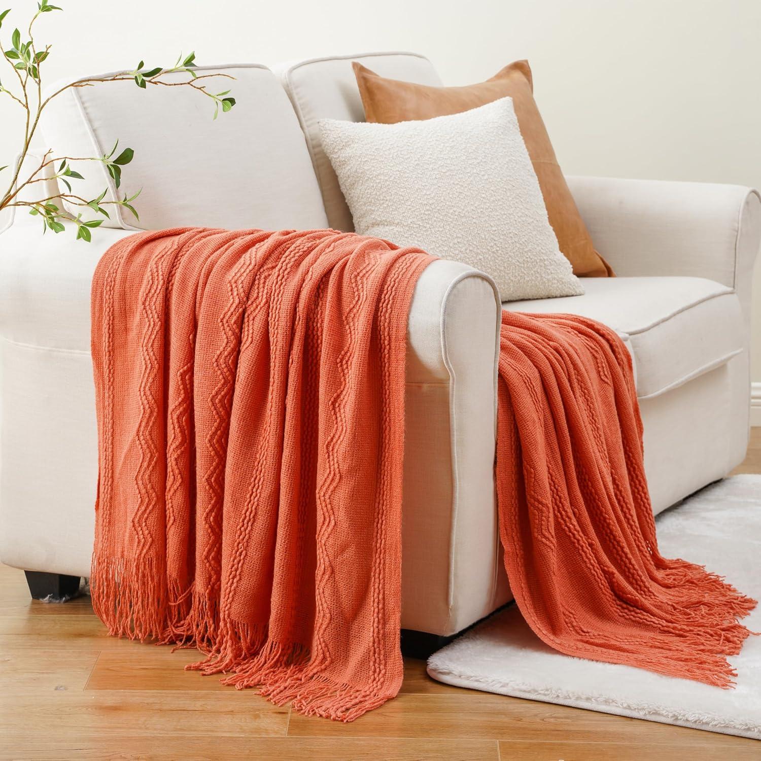 Battilo Orange Throw Blanket with Fringe Geometric Bed Salmon Knit Throws for Couch,Fall Blanket,50"x60"