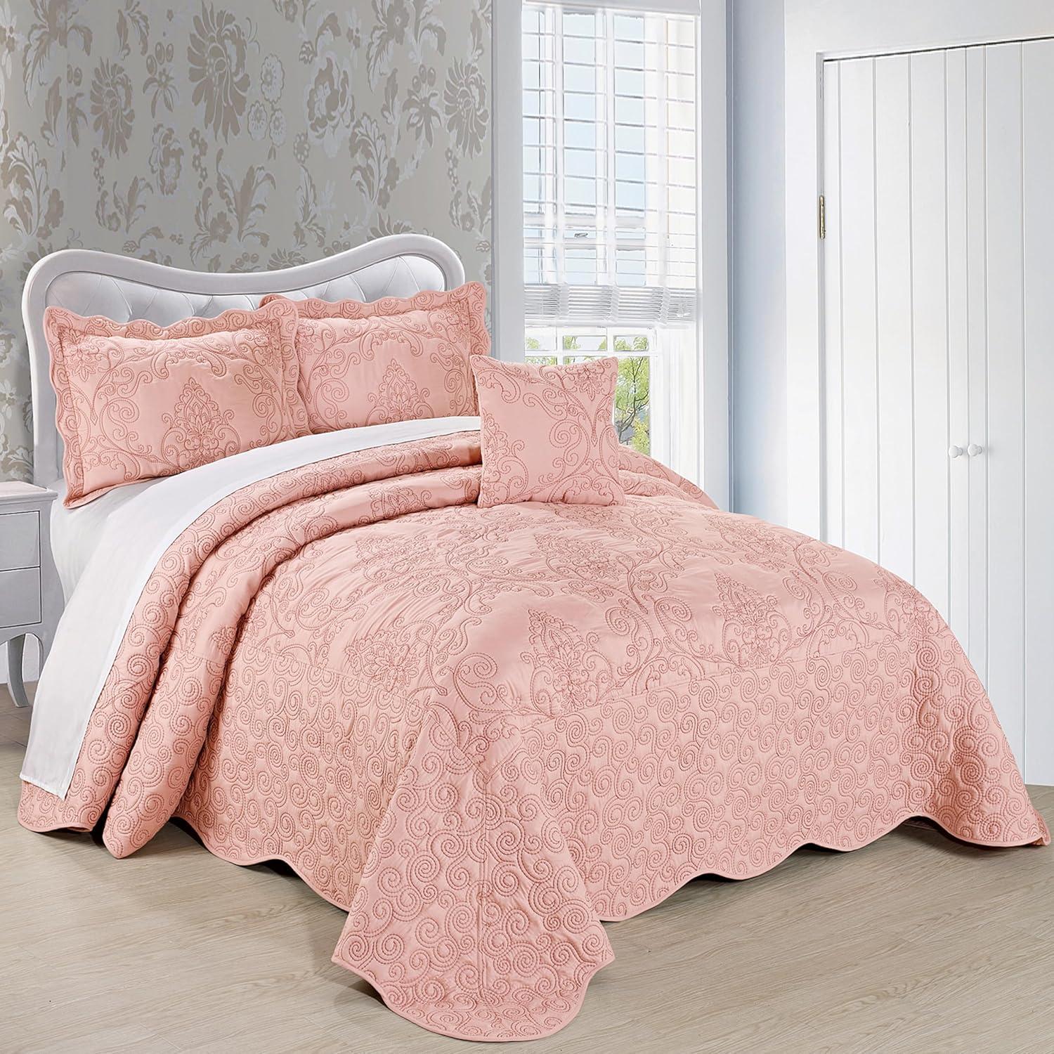 Home Soft Things 4 Piece Damask Embroidery Bedspread Set