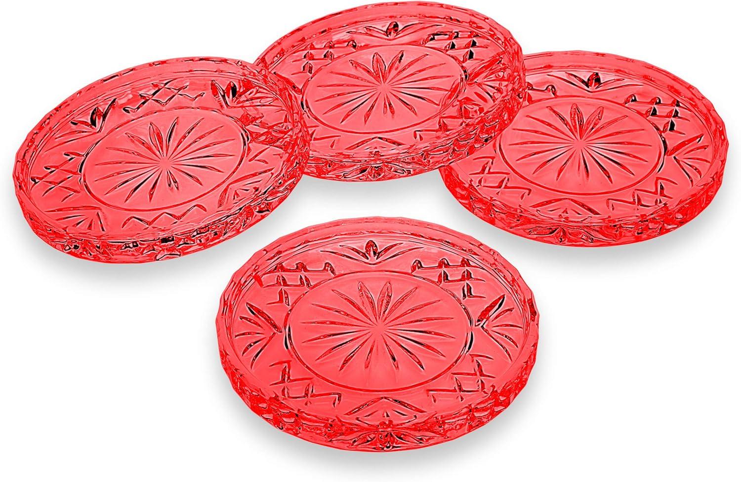 Set of 4 Red Crystal Glass Circle Coasters