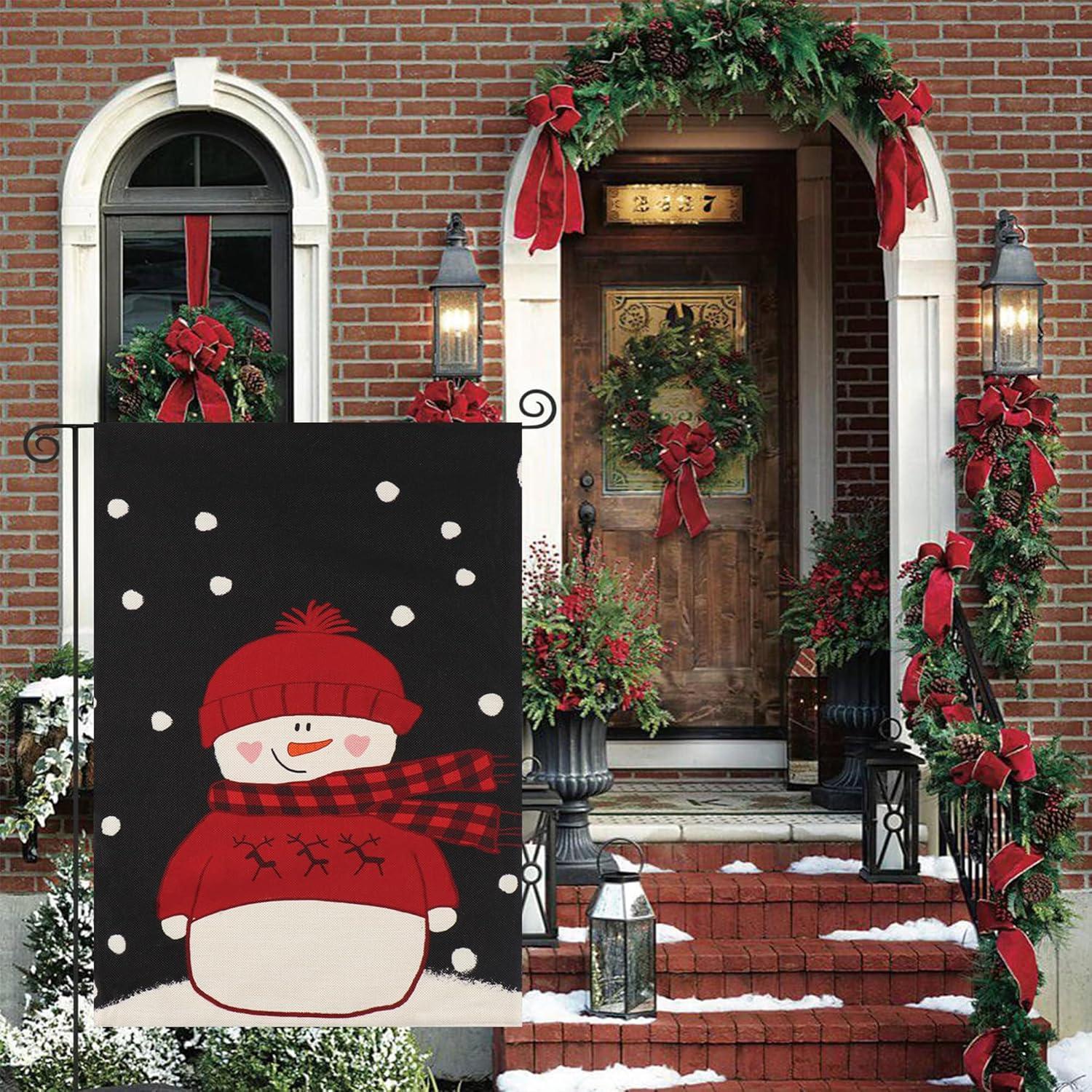 JOOCAR Smile Snowman with Red Scarf Outdoor Yard Flag Decorative Snowflake Winter Garden Flag 12x18 Inch