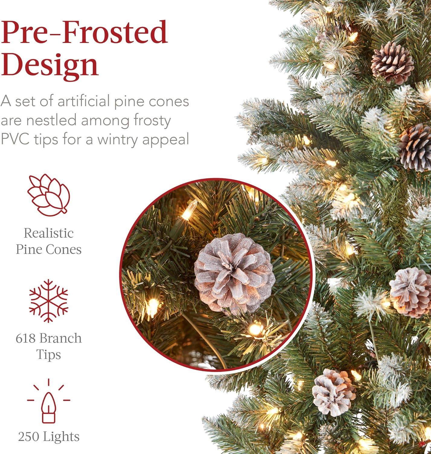 Best Choice Products Pre-Lit Partially Flocked Pencil Christmas Tree w/ Pine Cones, Foldable Stand