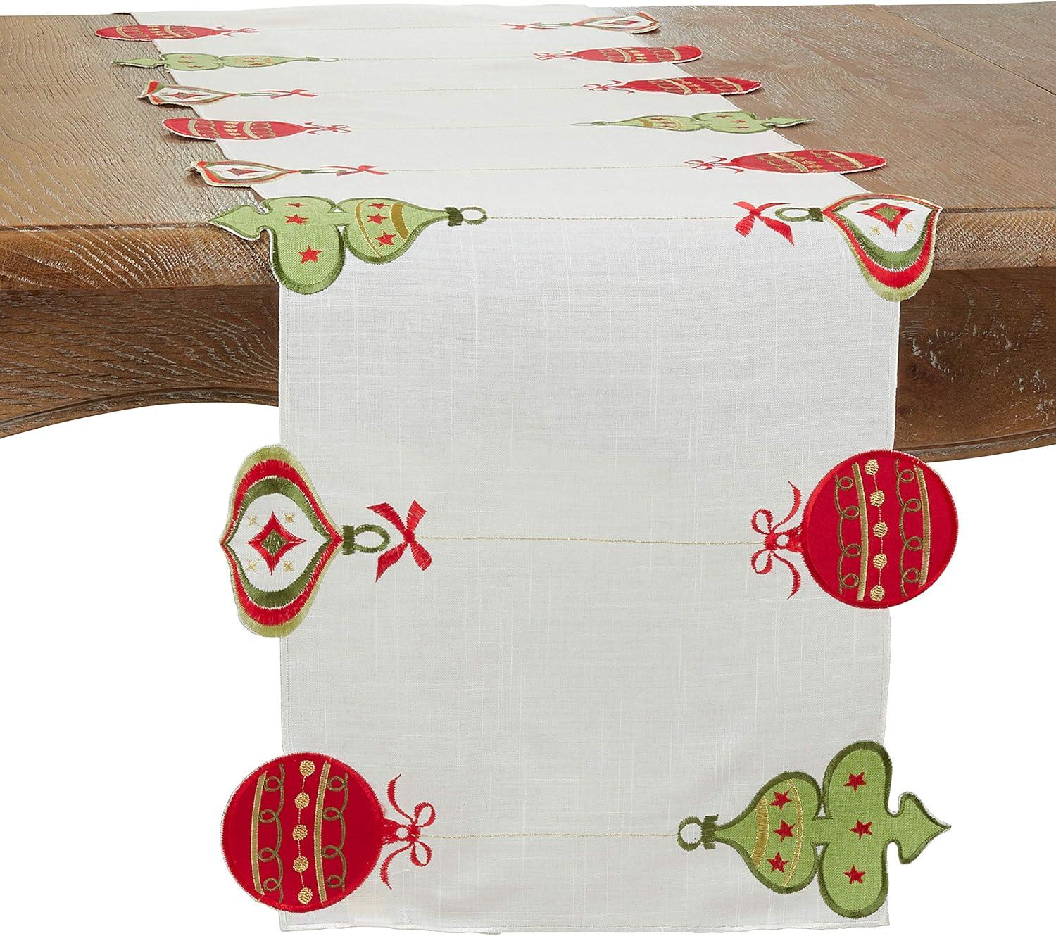 Colorful Embroidered Christmas Ornaments Table Runner