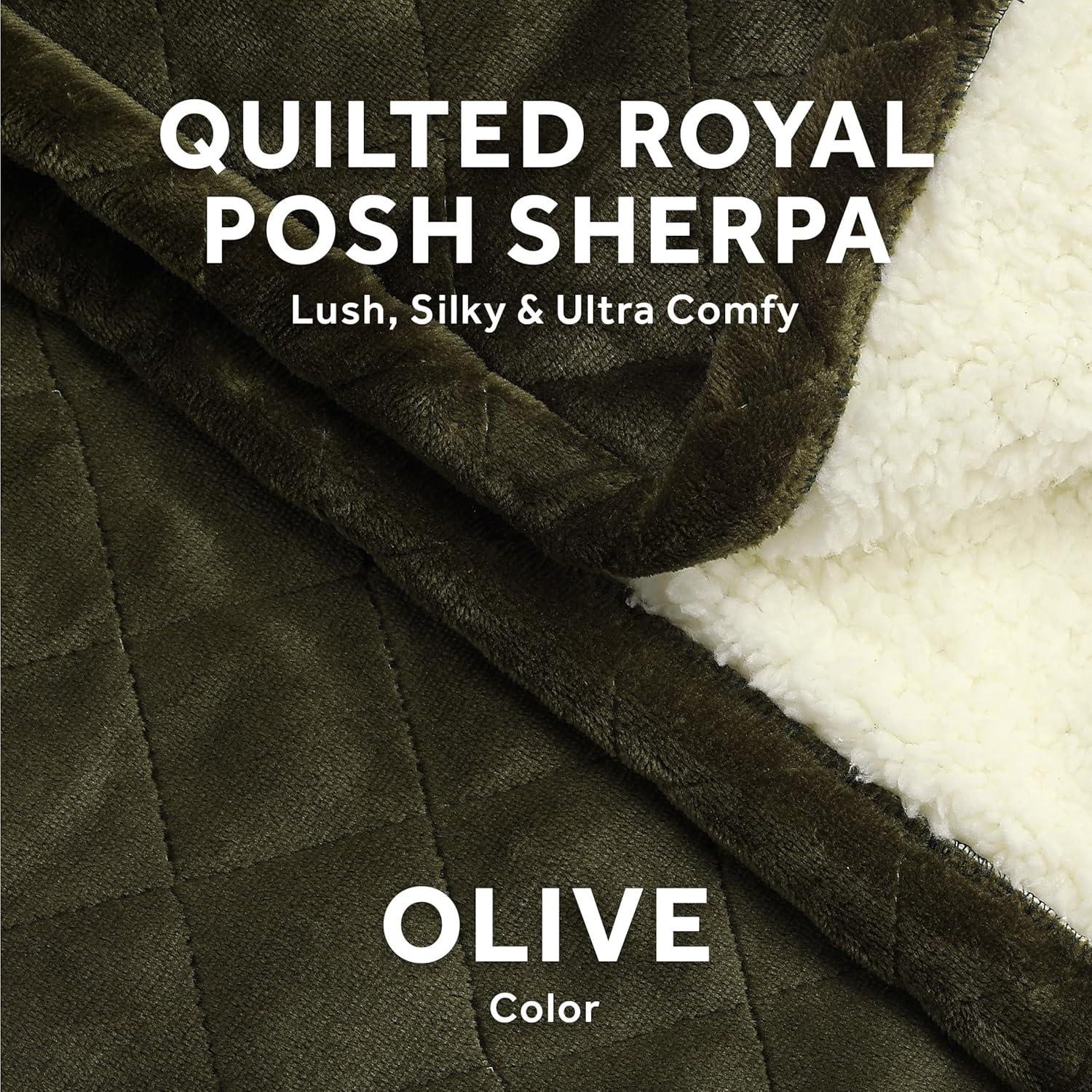 Sunbeam 50" x 60" Quilted Nordic Velvet Reverse Shearling Heated Throw Electric Blanket Olive: Lightweight, Machine Washable