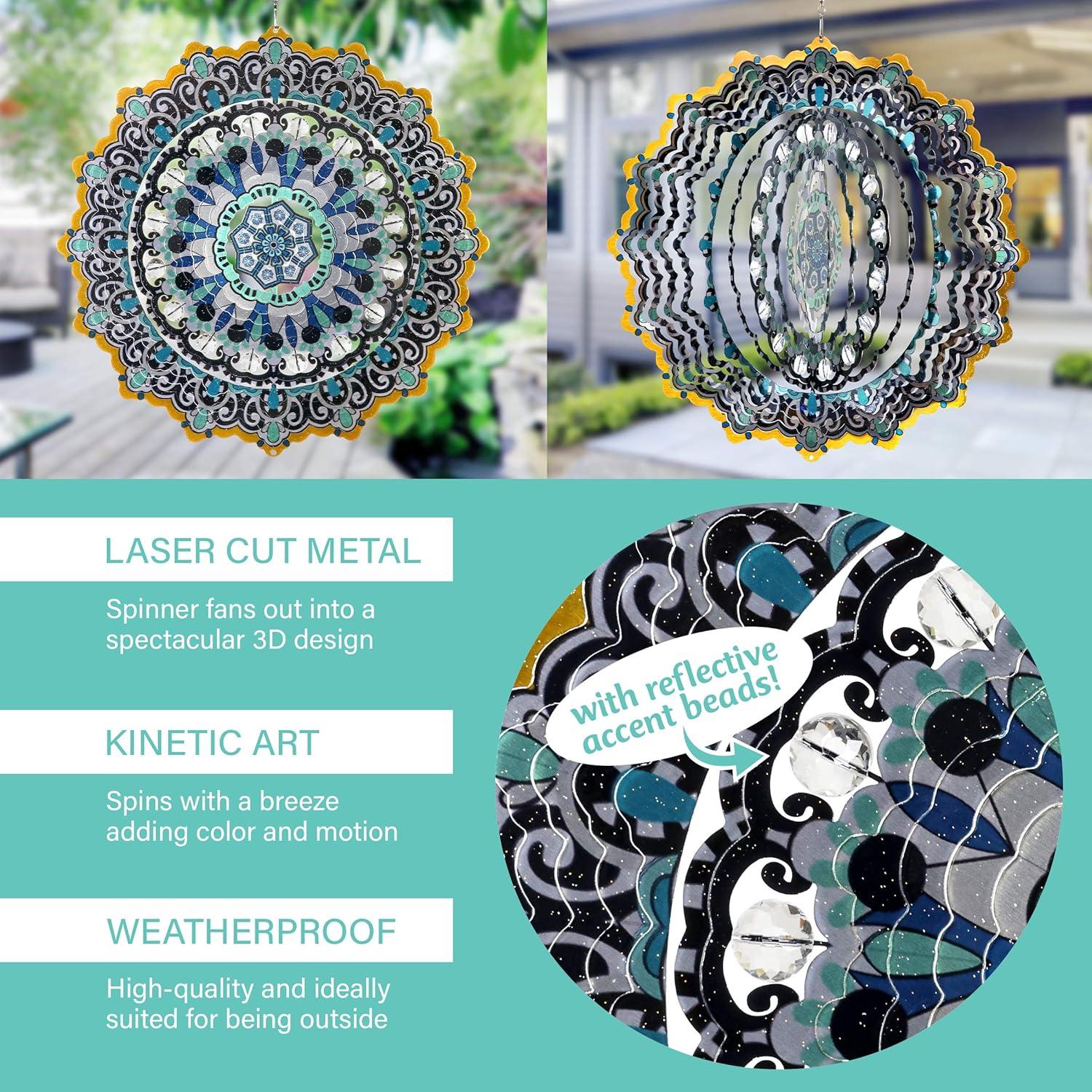 Exhart Wind Spinner, Blue and Black Mandala Hanging Wind Sculpture, 3D Laser Cut Patterns with Bead Details, Metal Outdoor Garden Decoration, Multicolor Lawn and Yard Art, 12 Inch