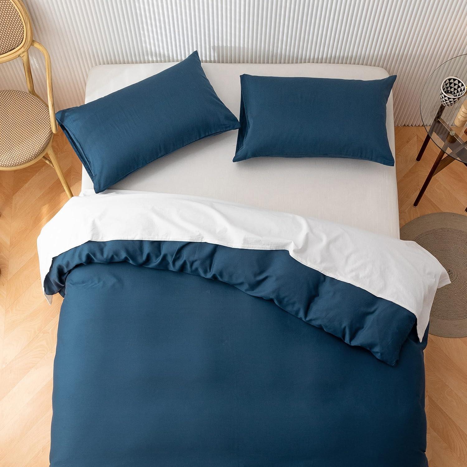 HeimenAogo Egyptian Cotton Duvet Cover Set Queen, Ultra Soft and Breathable Comforter Cover with Zipper Closure, High Thread Count Long Staple Cotton Blanket Cover 3pcs Ensign Blue