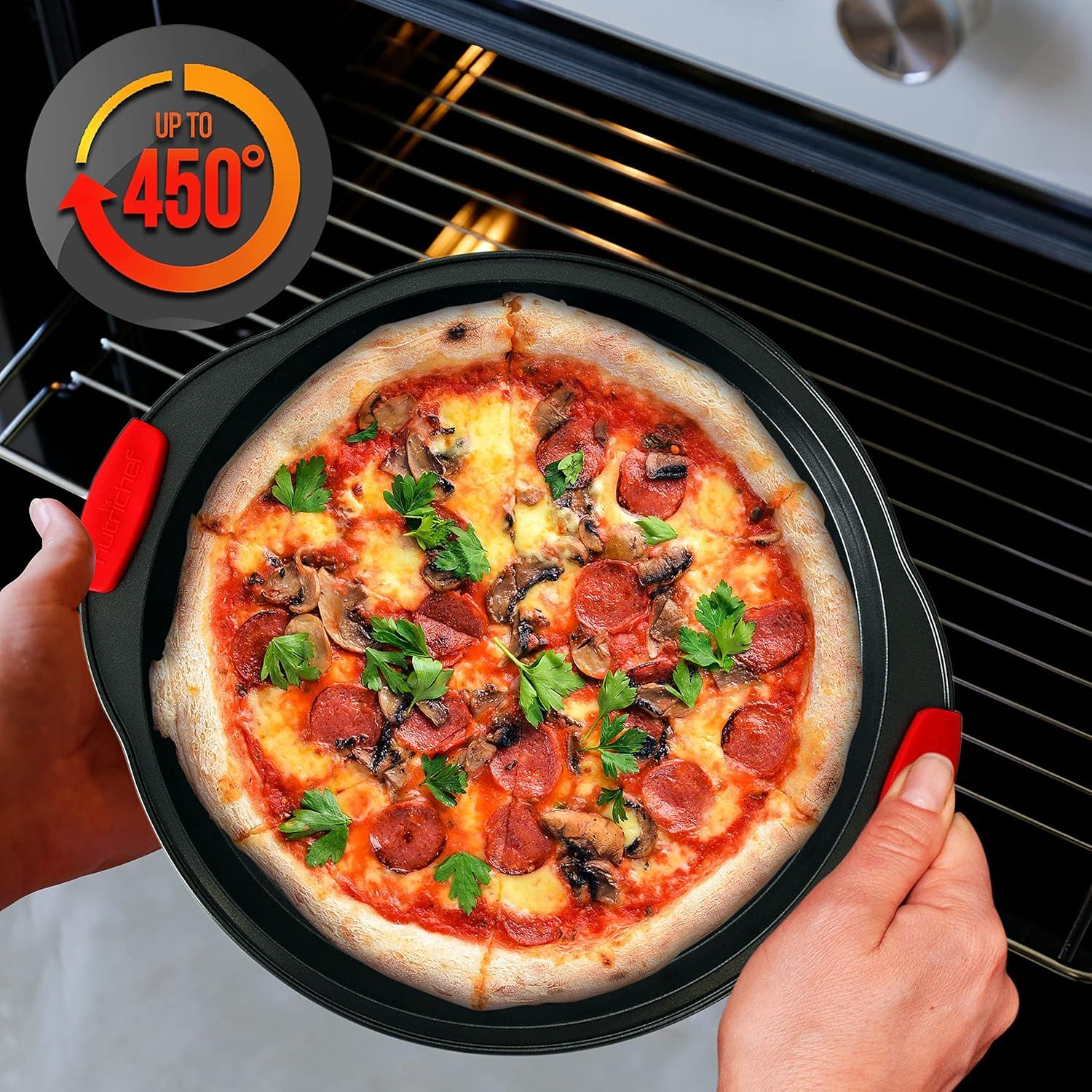 Round Black Non-Stick Pizza Tray with Red Silicone Handles