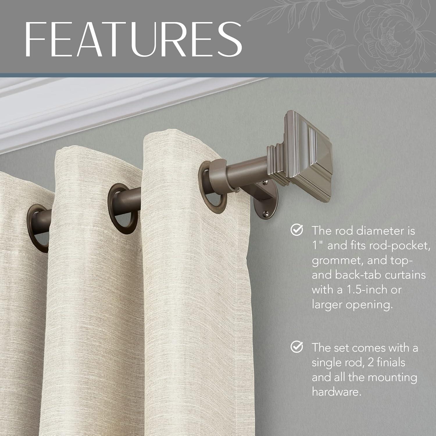 Florence 1" Window Drapery Single Curtain Rod with Stacked Square Finial - 28"-48" - Nickel - Elrene Home Fashions