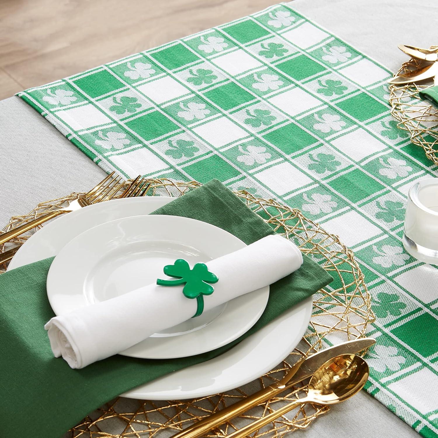 Green and White Cotton Shamrock Check Table Runner 14x72