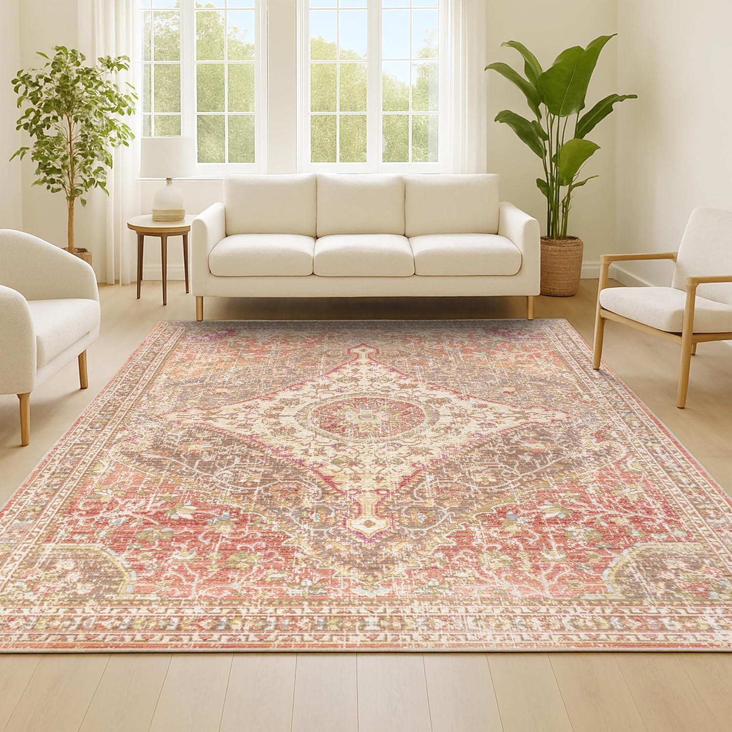 8'x10' Petras Modern Ornate Medallion Area Rug, Brown/Pink - JONATHAN Y