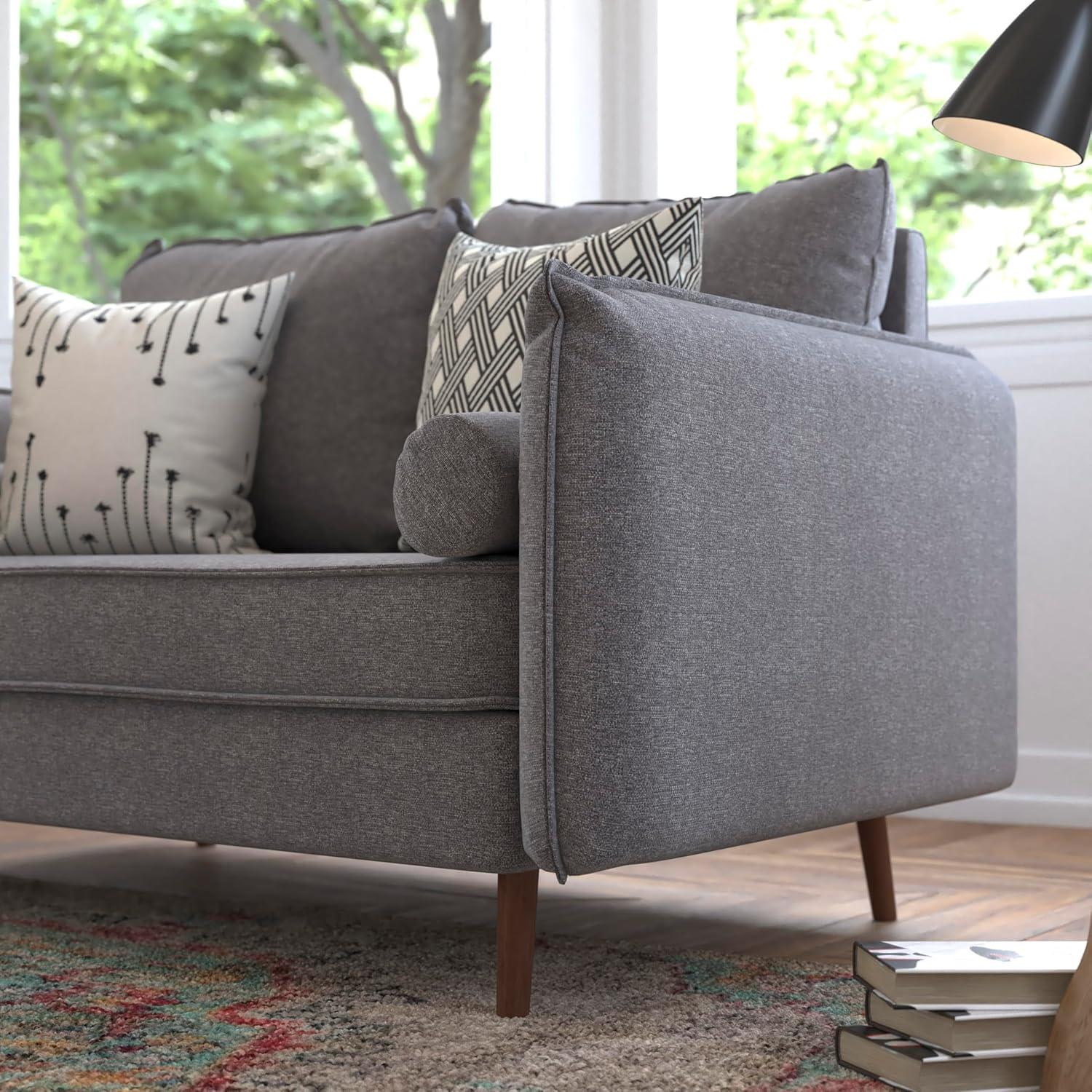 Flash Furniture Evie Mid-Century Modern Loveseat Sofa with Faux Linen Fabric Upholstery & Solid Wood Legs in Stone Gray