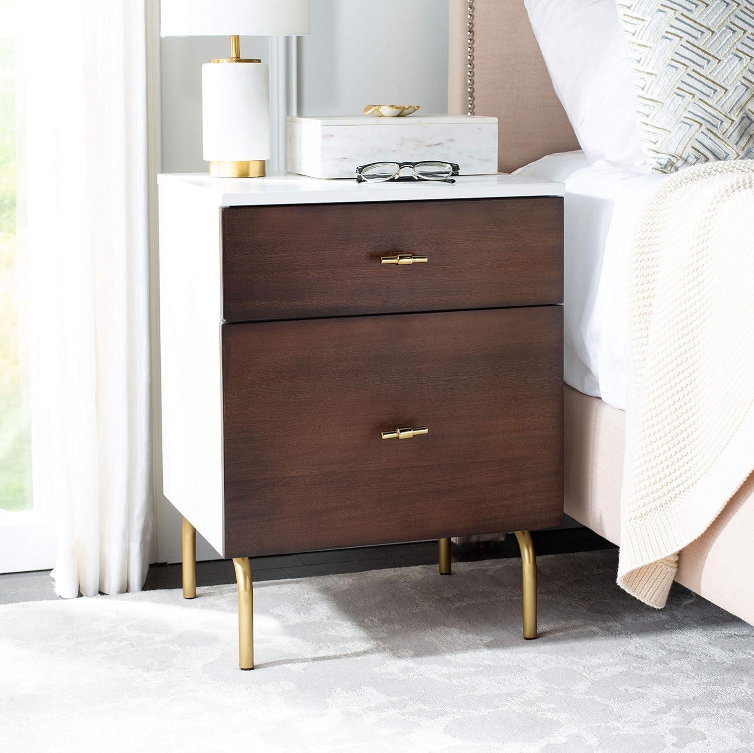 Genevieve 2 Drawer Nightstand - Walnut/White/Gold - Safavieh.
