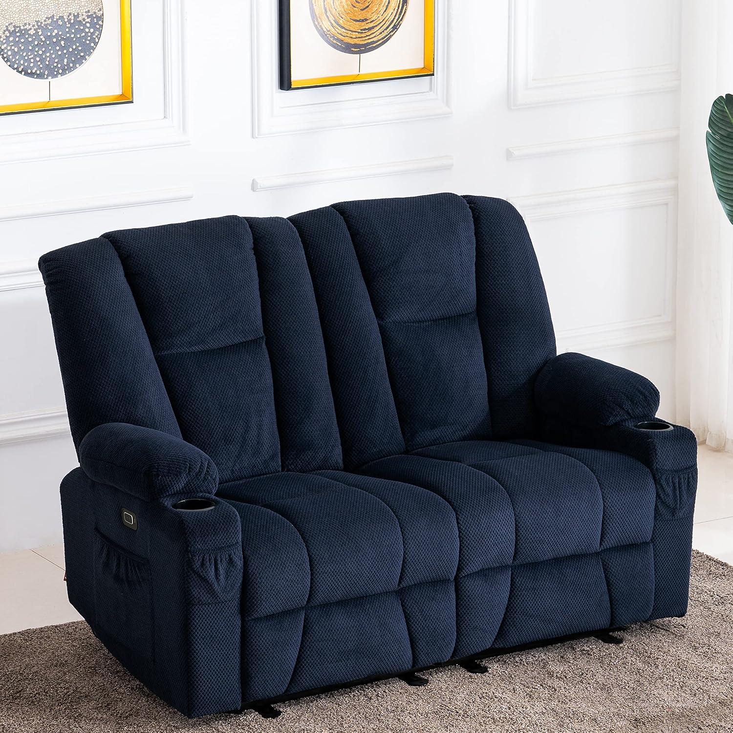 Navy Blue Fabric Reclining Loveseat with Cup Holders