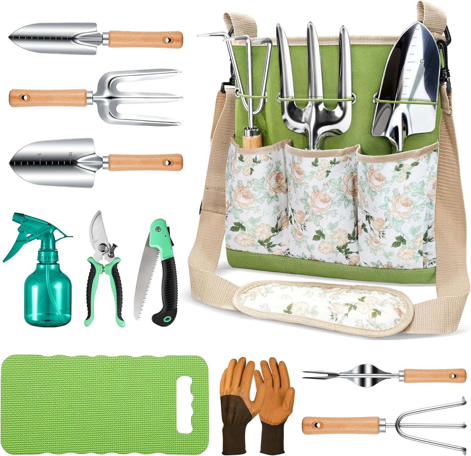 11-Piece Green Heavy Duty Gardening Tool Set with Ergonomic Canvas Bag