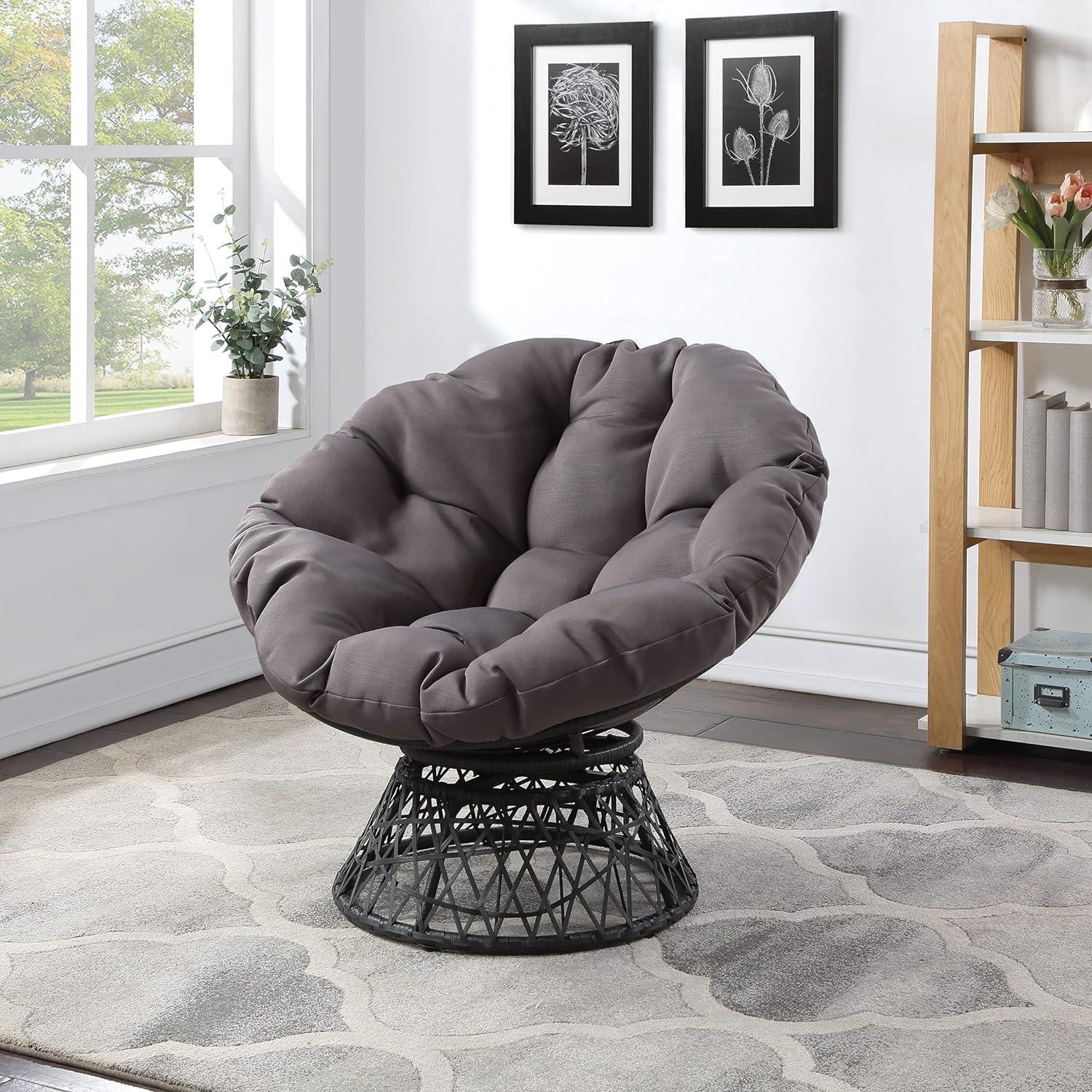 Wicker Papasan Chair with 360-Degree Swivel, Grey Frame with Grey Cushion