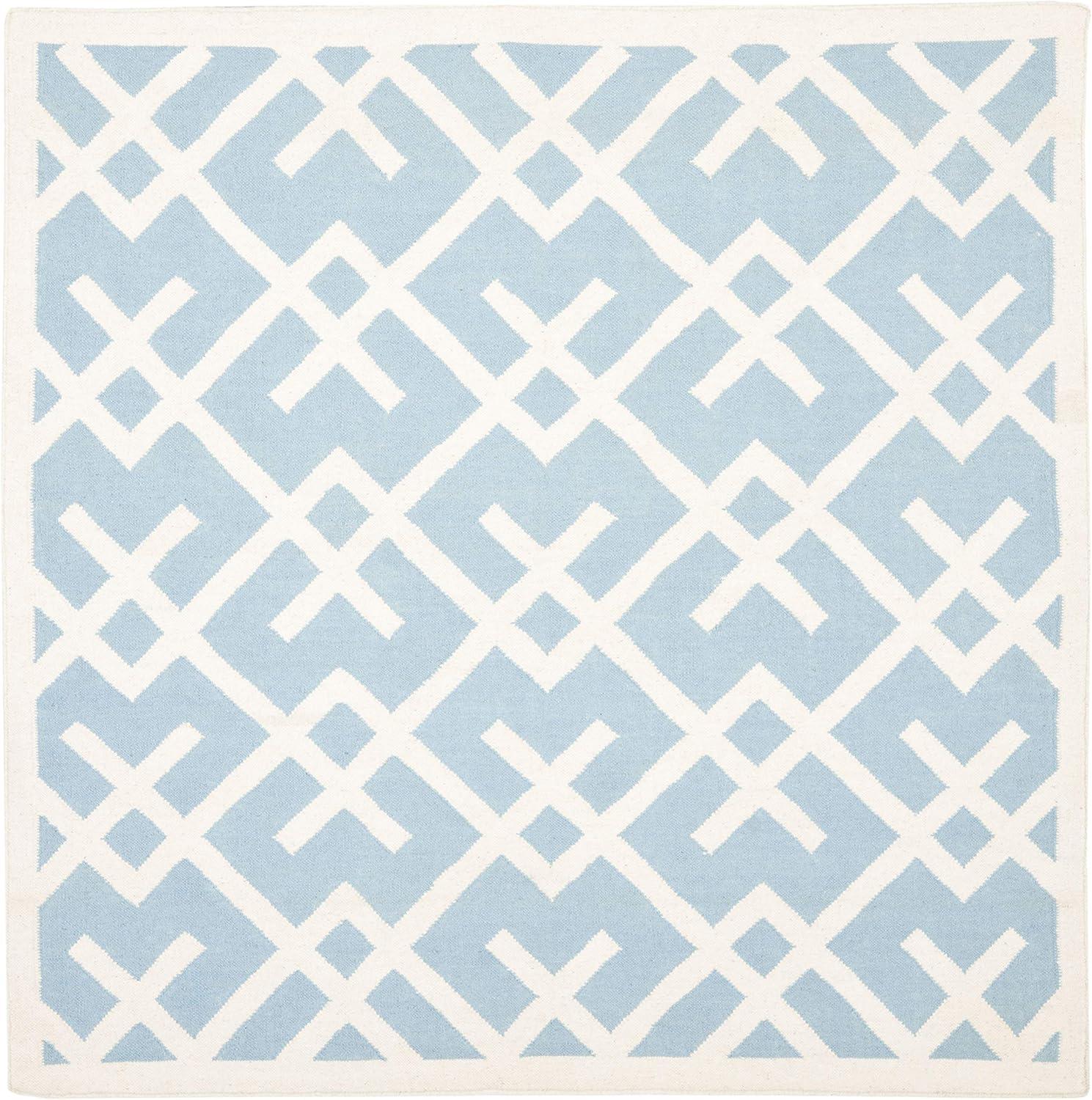 Ivory and Light Blue Geometric Wool Square Rug, 8' x 8'