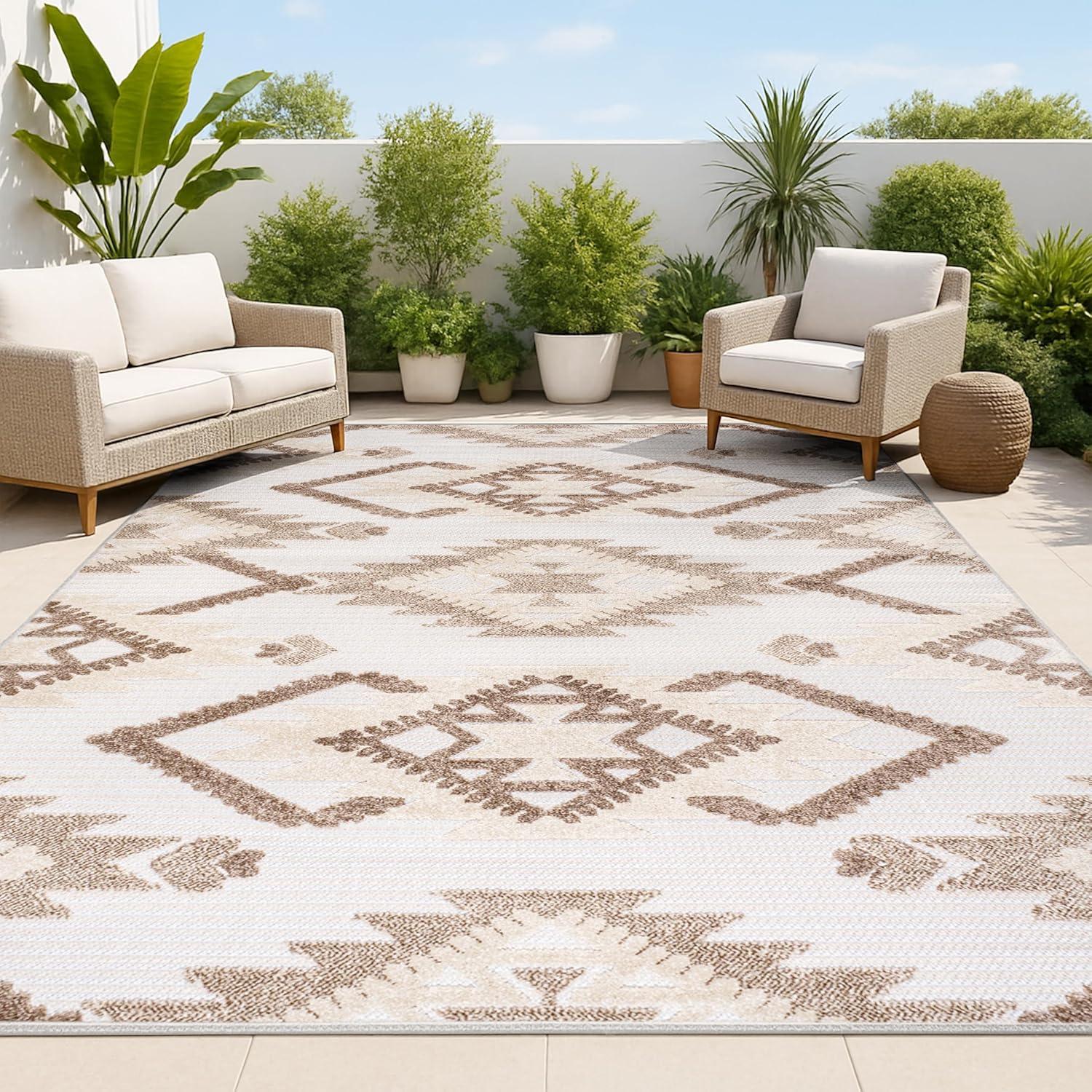 4'x6' Sumak High-Low Pile Neutral Diamond Kilim, Brown/Ivory - JONATHAN Y