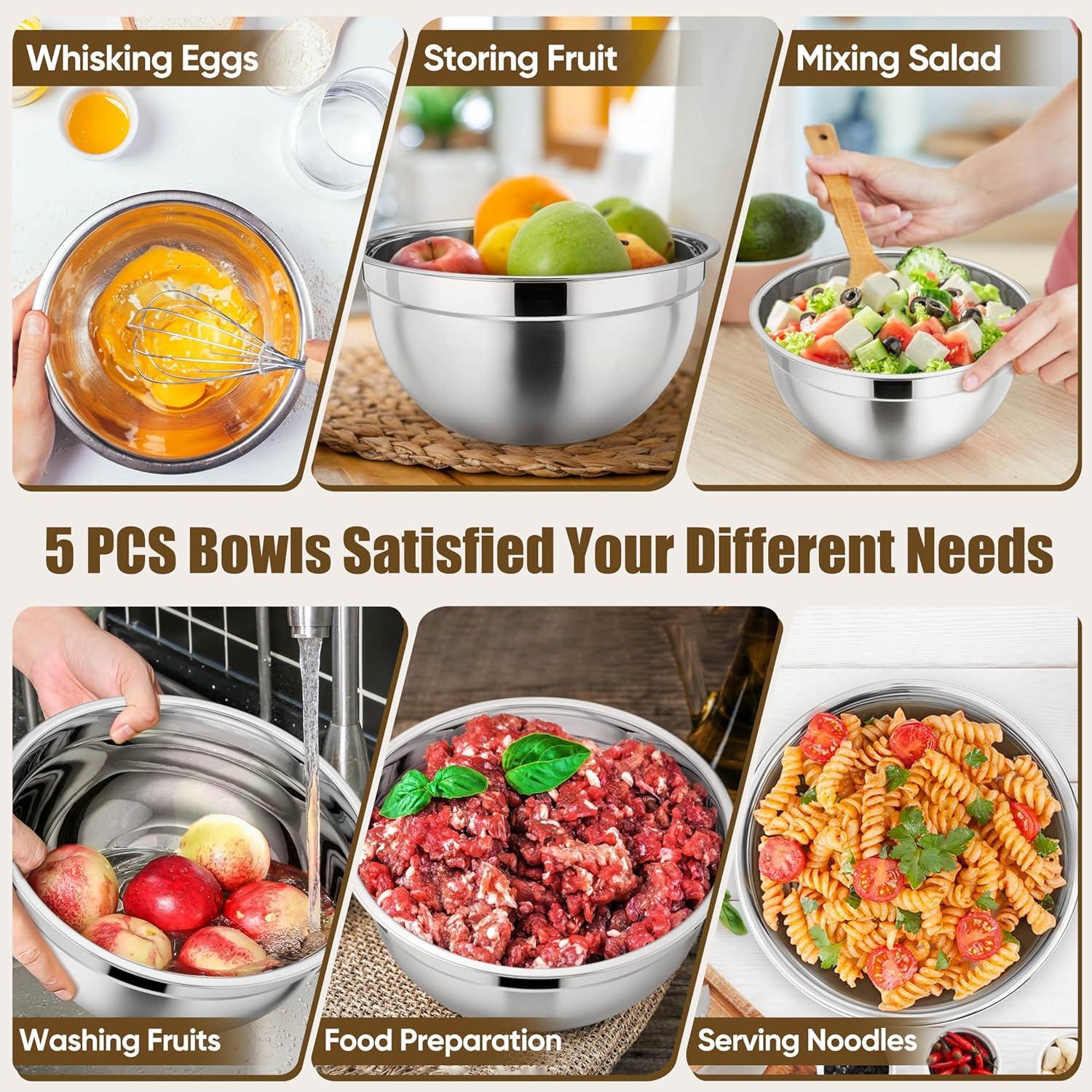 Toledo Bath & Kitchen Stainless Steel Mixing Bowls With Lids, 5-Pack Metal Nesting Bowls With Airtight Covers For Cooking, Baking, Serving, Storage, Non-Toxic & Dishwasher Safe, Size 4.6/3/1.5/1/0.7QT - Khaki