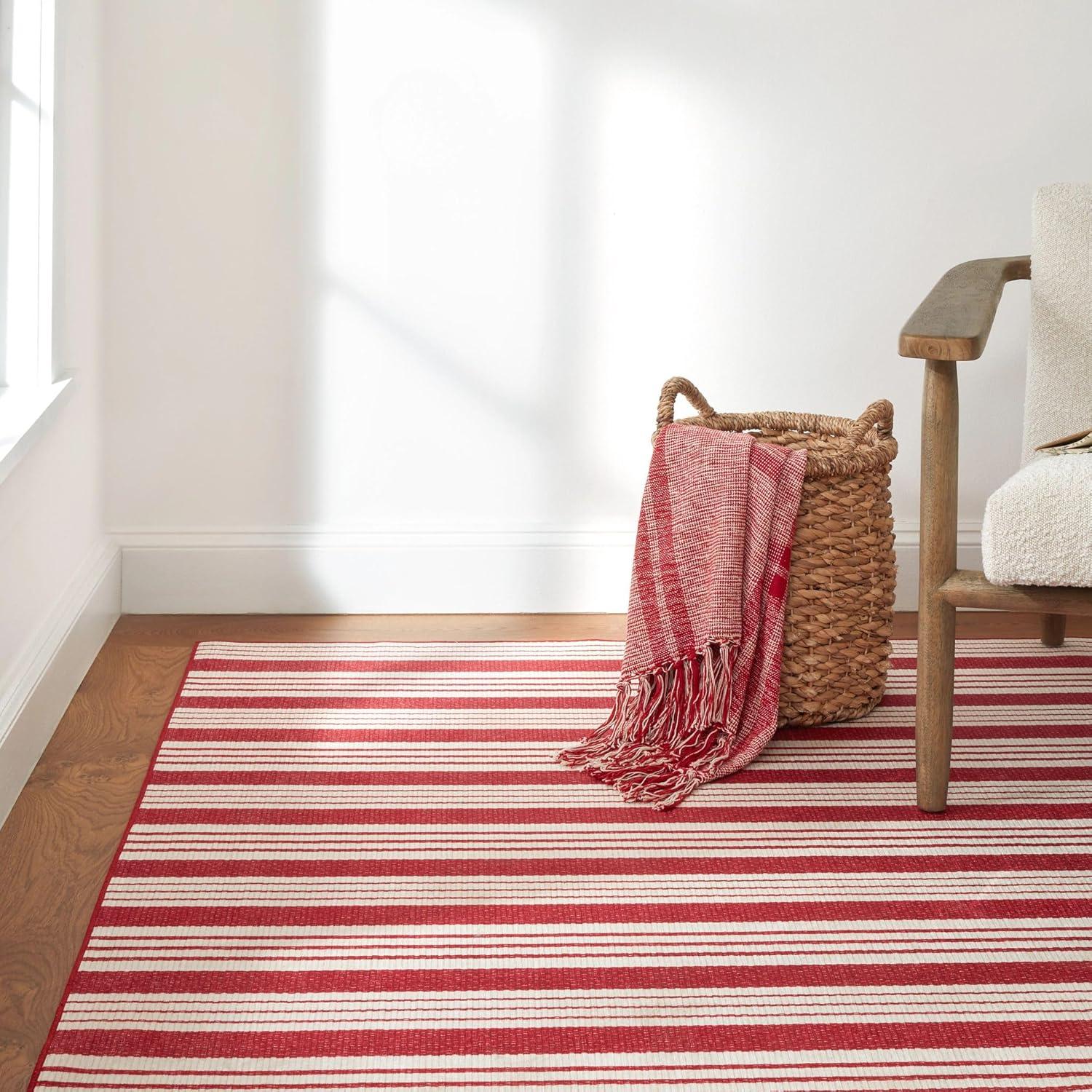 Annie Selke - Dash & Albert Abby Ticking Red Machine Washable Rug, 2x3, Red