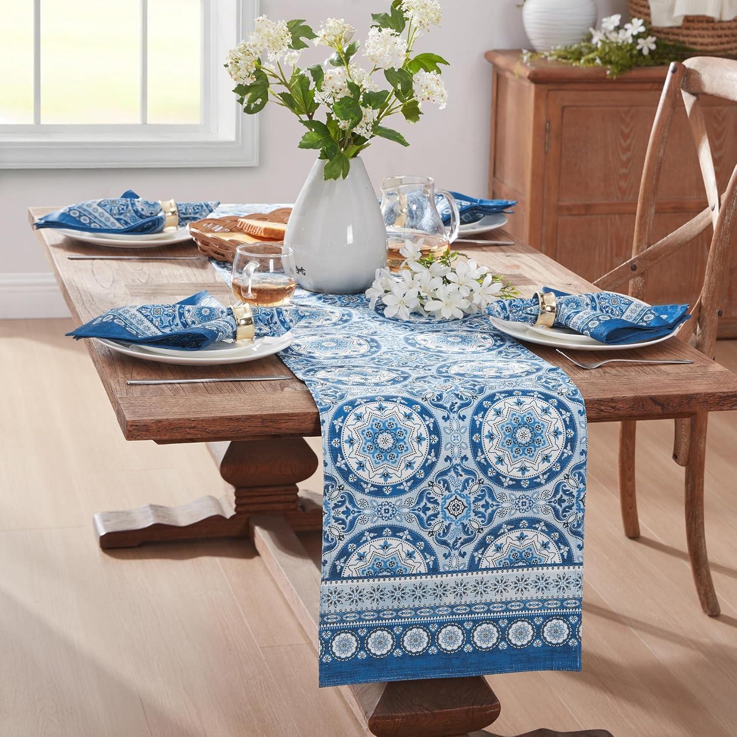 Vietri Medallion Blue Polyester Indoor/Outdoor Table Runner 13x70