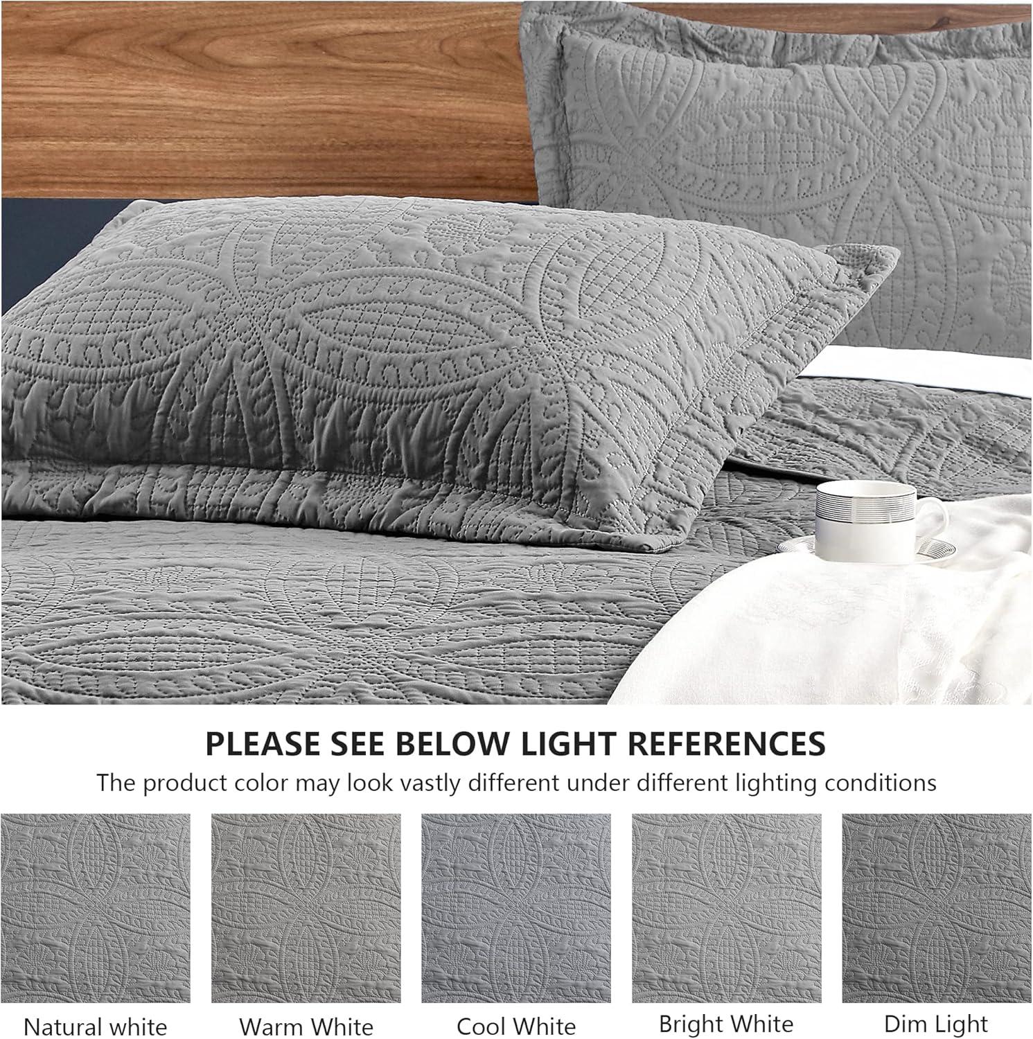 King Size Grey Microfiber Coin Pattern Quilt Set