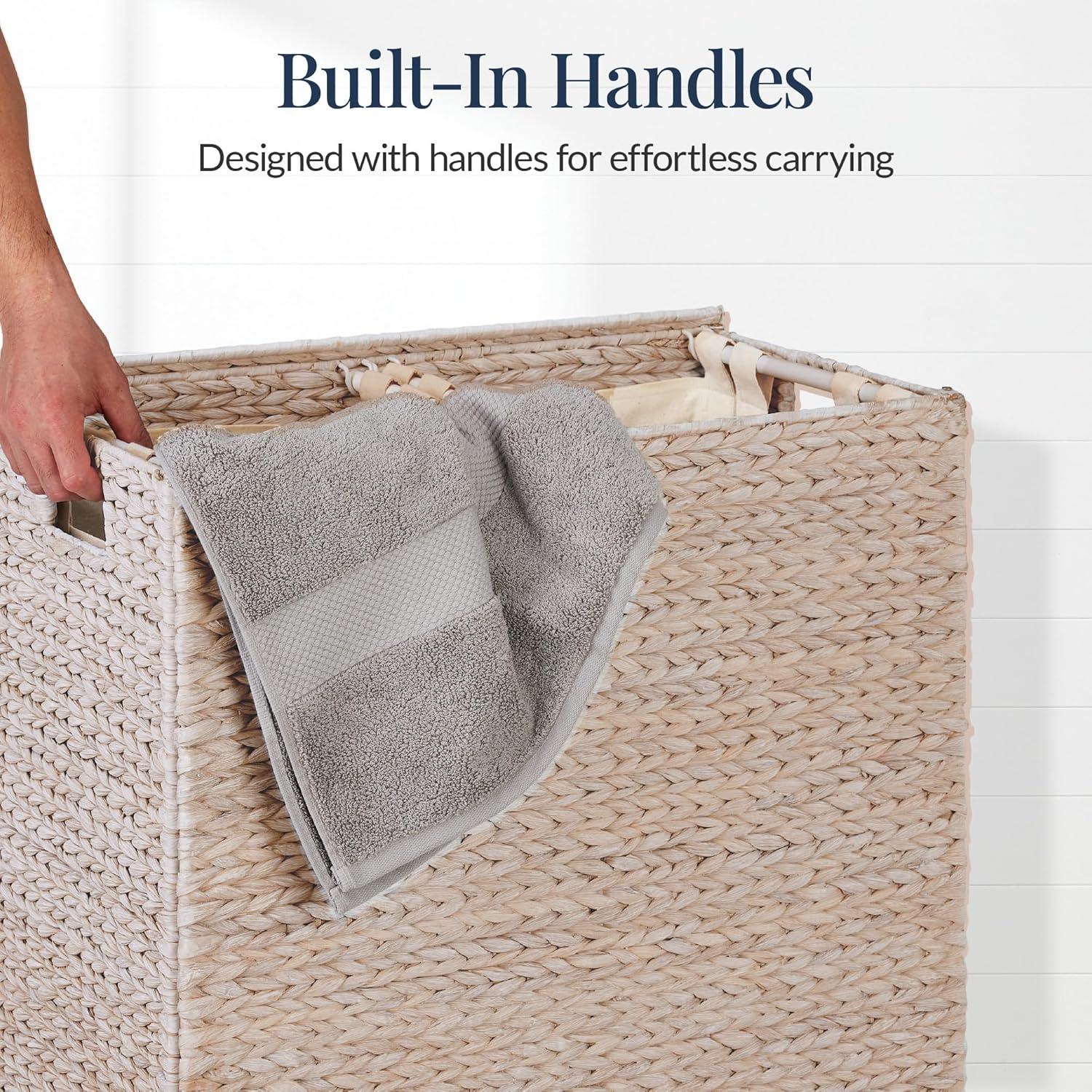 Best Choice Products Large Natural Water Hyacinth Double Laundry Hamper Basket w/ 2 Liner Bags, Handles - White