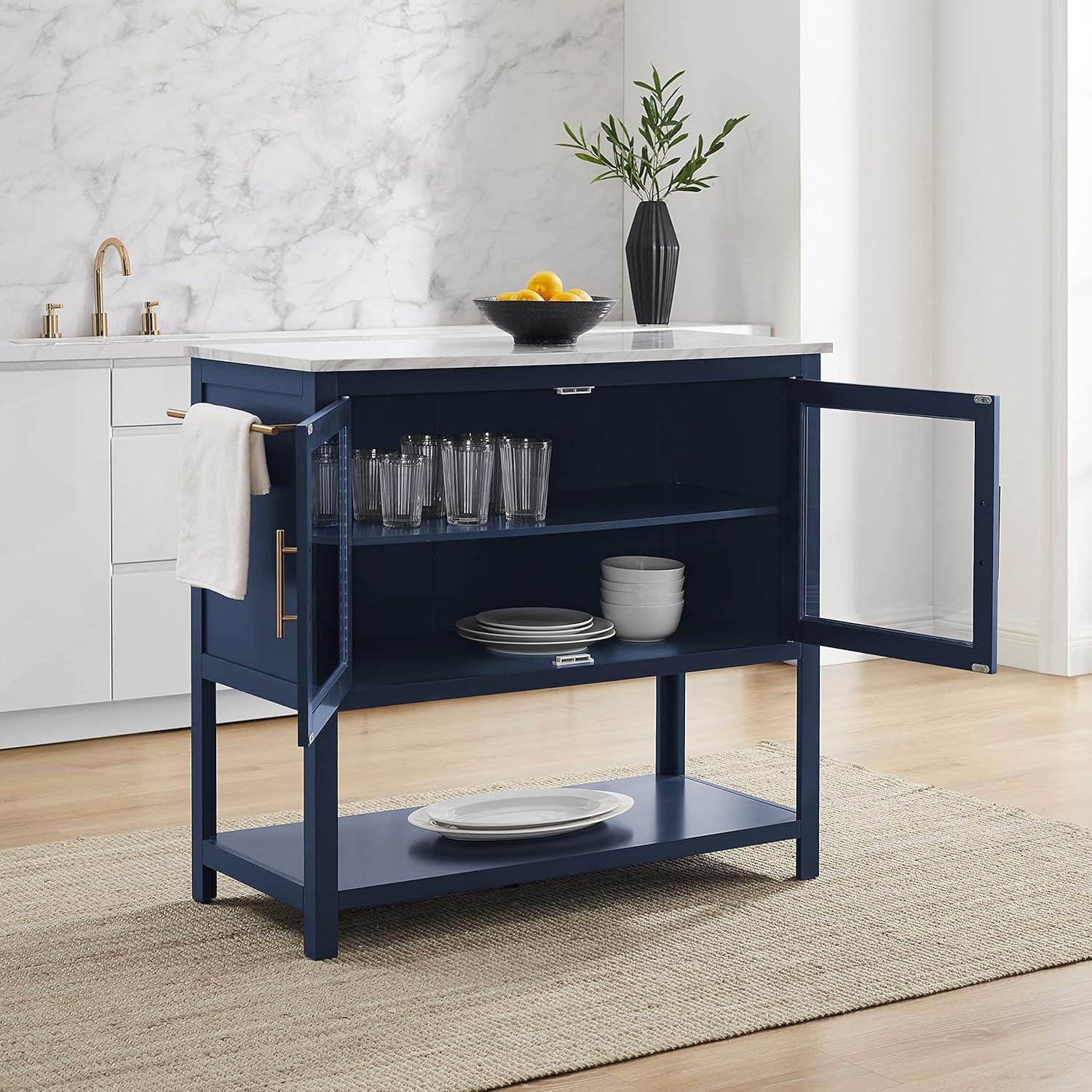 Katrina Kitchen Island Navy/White Marble - Crosley: Faux Marble Top, Glass Doors, Towel Bars