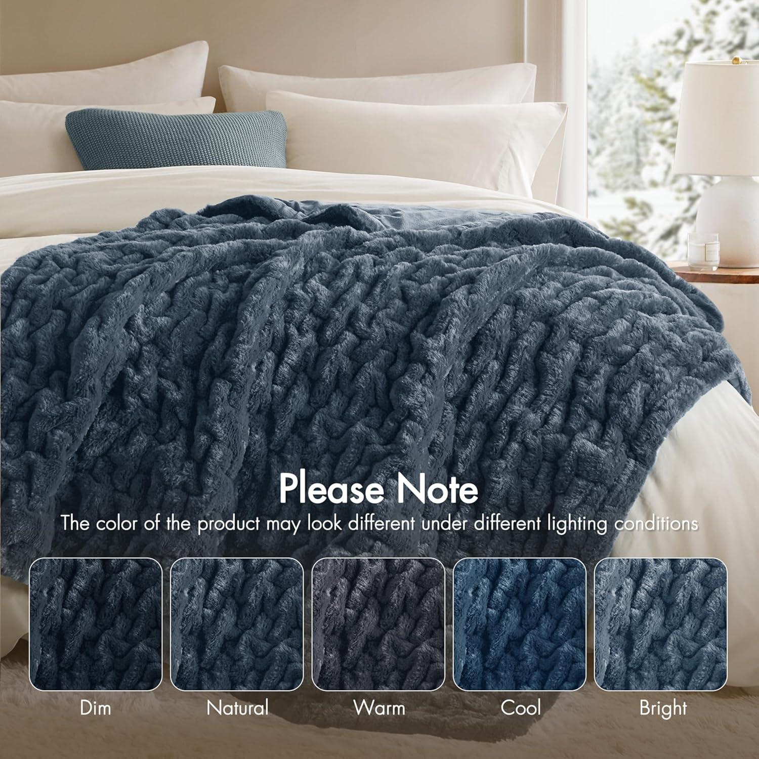 Madison Park Slate Blue Ruched Fur Throw 50x60"