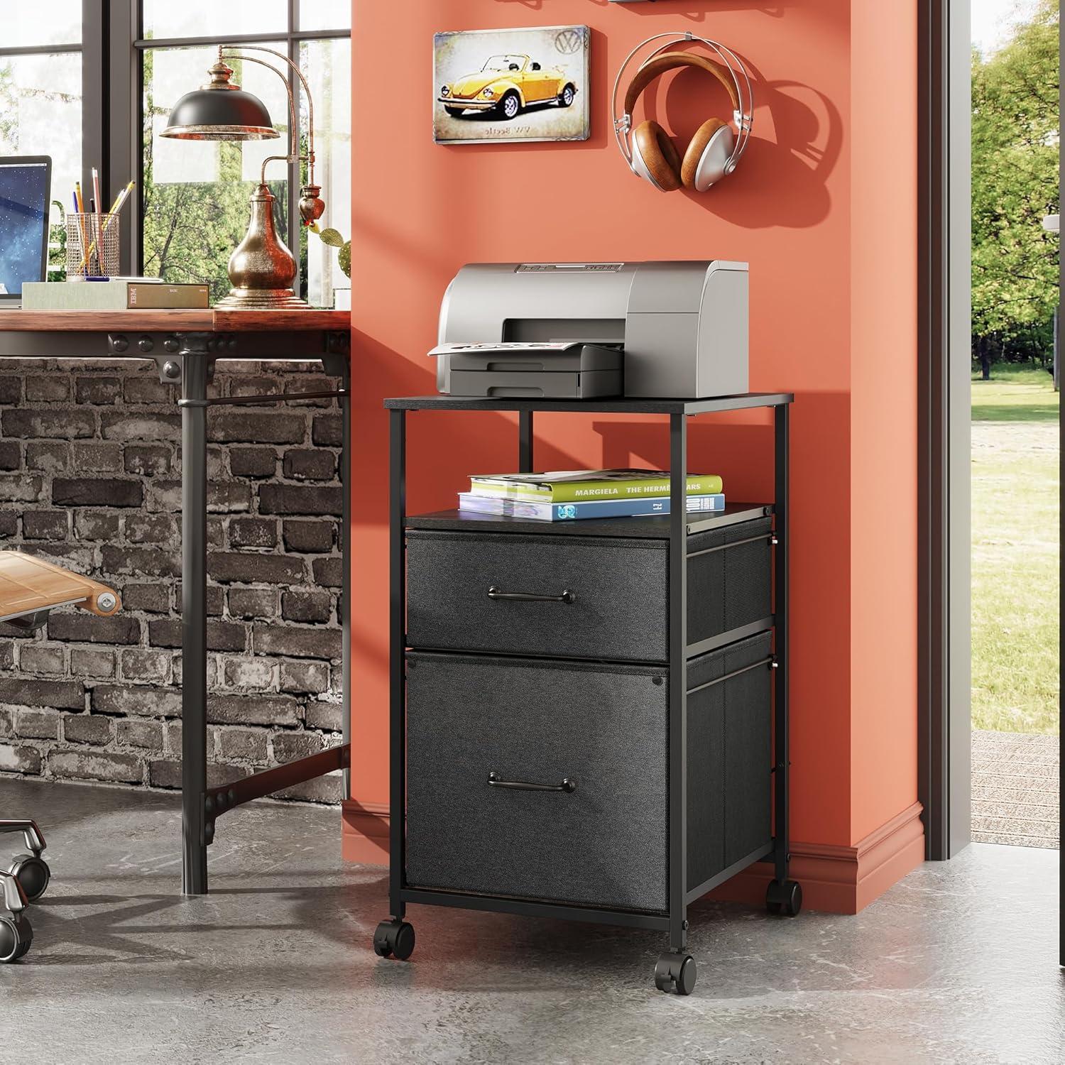 Black Fabric and Steel 2-Drawer Mobile File Cabinet with Shelf