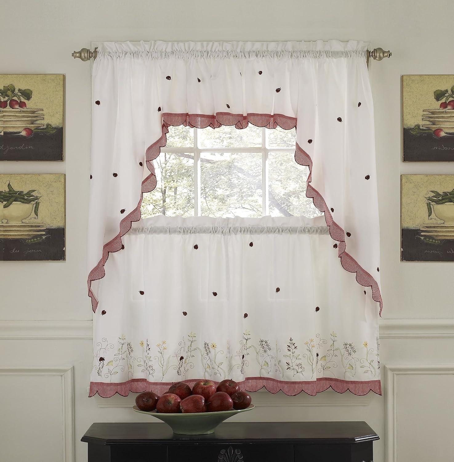 White and Red Floral Ladybug Rod Pocket Valance