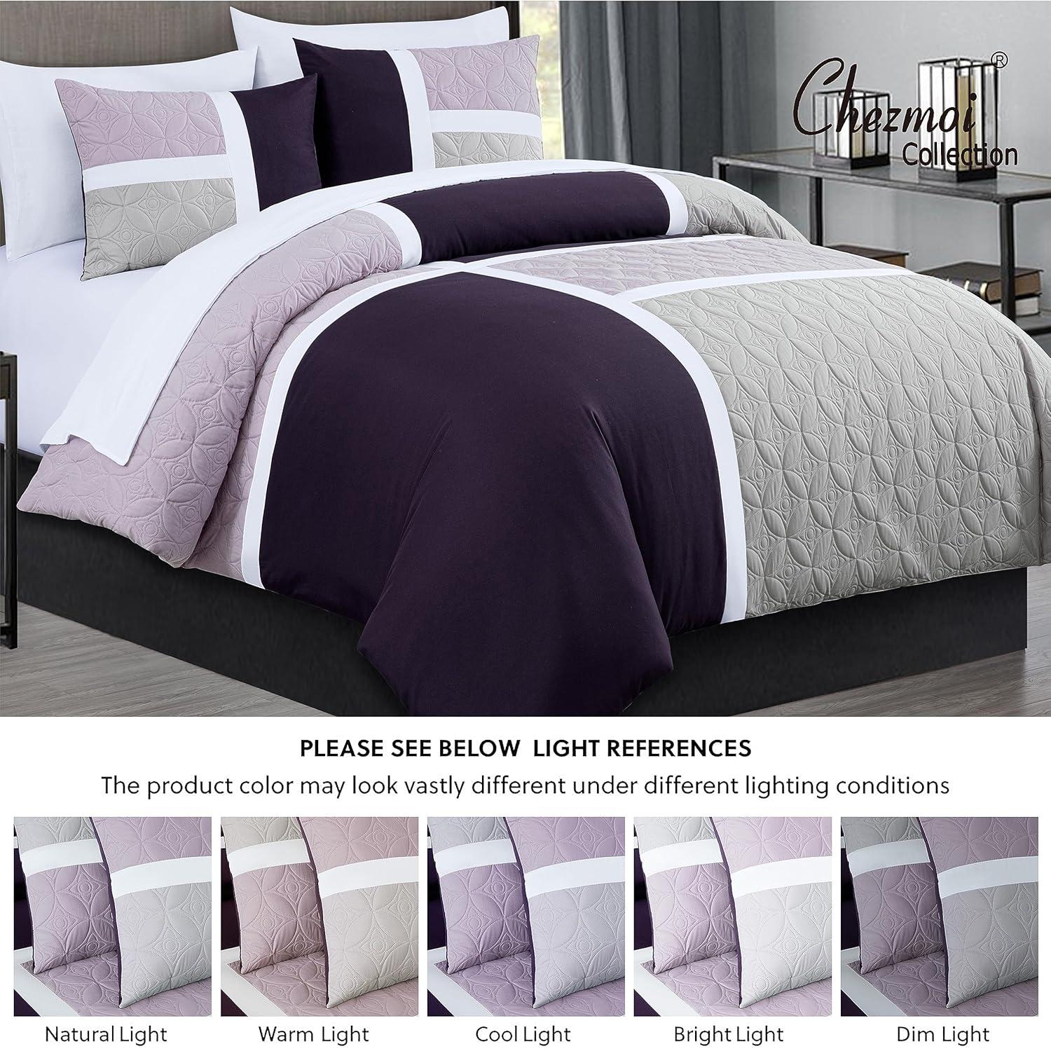 Chezmoi Collection Bernard 7-Piece Queen Bed in a Bag Comforter Set with Sheets, Lightweight Comforter Lavender Purple Gray Patchwork Quilted Medallion Bedding Set for All Season