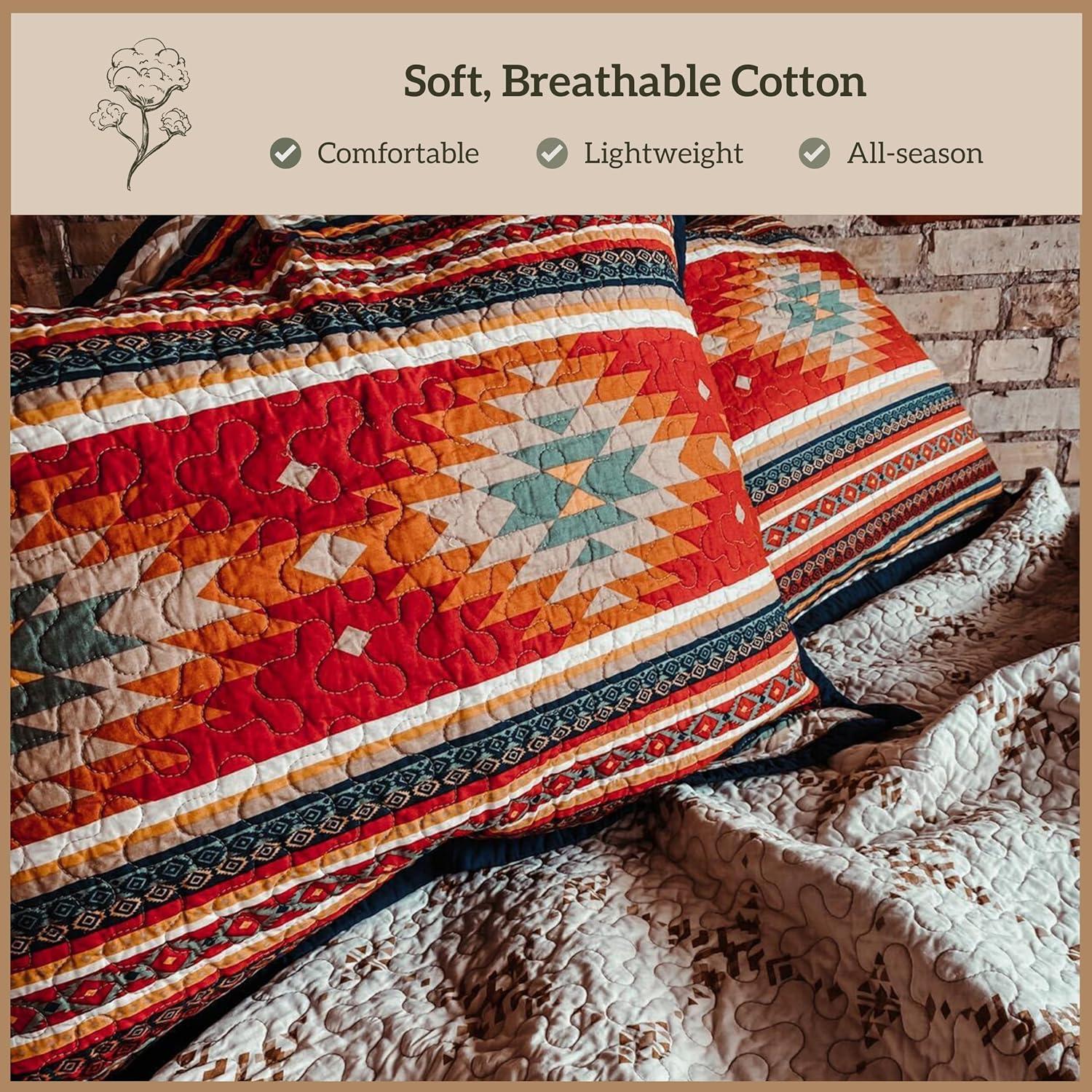 Paseo Road by HiEnd Accents Del Sol Red/Orange/Tan Aztec Print Cotton Southwestern Style Reversible Quilt Set