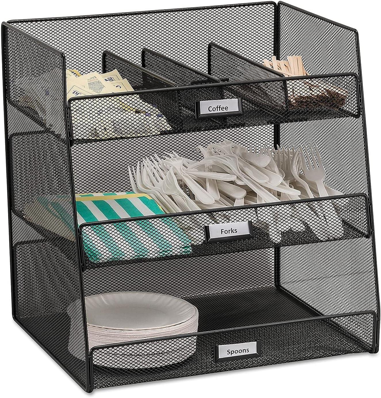 Black Steel Mesh 3-Compartment Breakroom Organizer