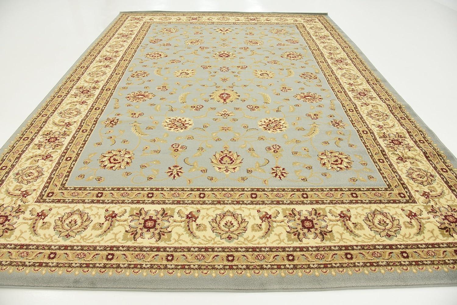 Light Blue and Cream Synthetic 9' x 12' Traditional Area Rug