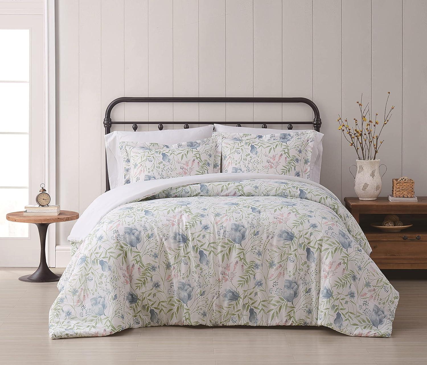 King Blue Cotton Floral Comforter Set with Shams