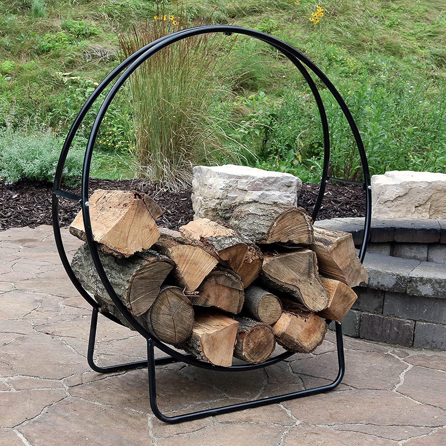 Sunnydaze Outdoor Heavy-Duty Steel Firewood Log Hoop Storage Rack with Weather-Resistant PVC Log Hoop Cover - 48" - Black